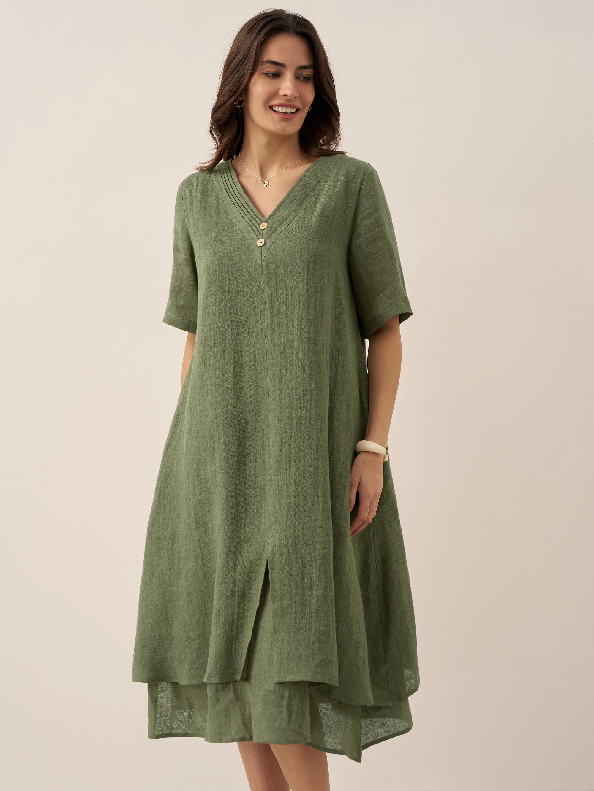 100% Linen V-Neck Double-Layer Midi Dress JAYDA