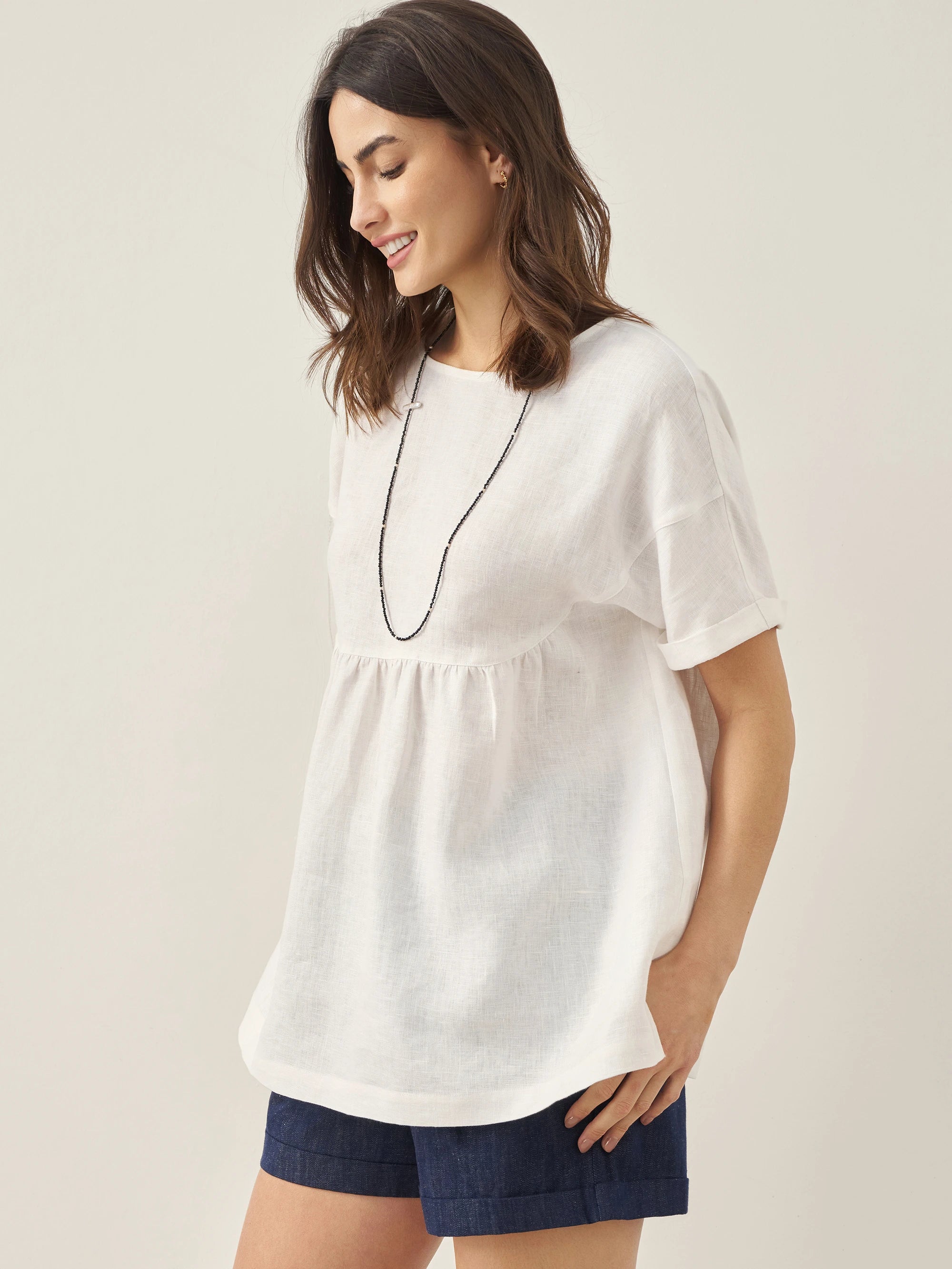 100% Linen Round Neck Pleated Pullover Top QUINLAN