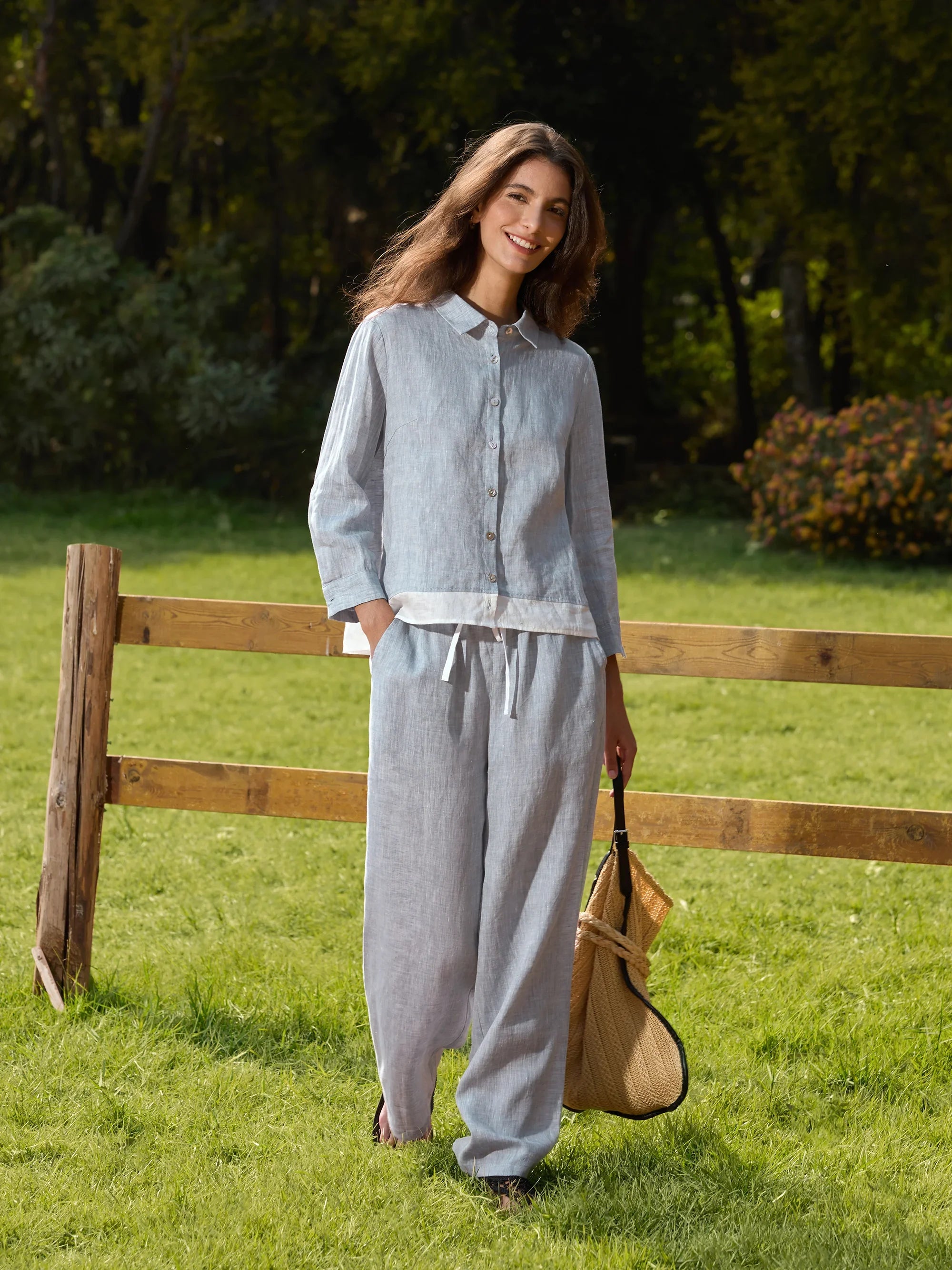100% Linen Elastic Waist Straight-Leg Trousers JOURDAN