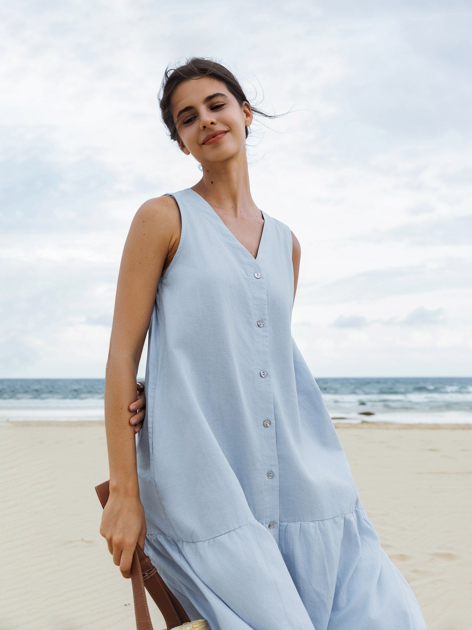 Linen Vacation Sleeveless V-Neck Mid-Length Dress CELINE