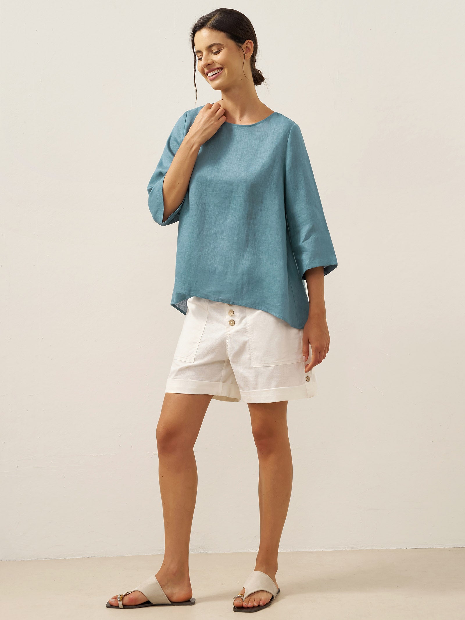 100% Linen Round Neck Asymmetrical Hem Top BRIANNA