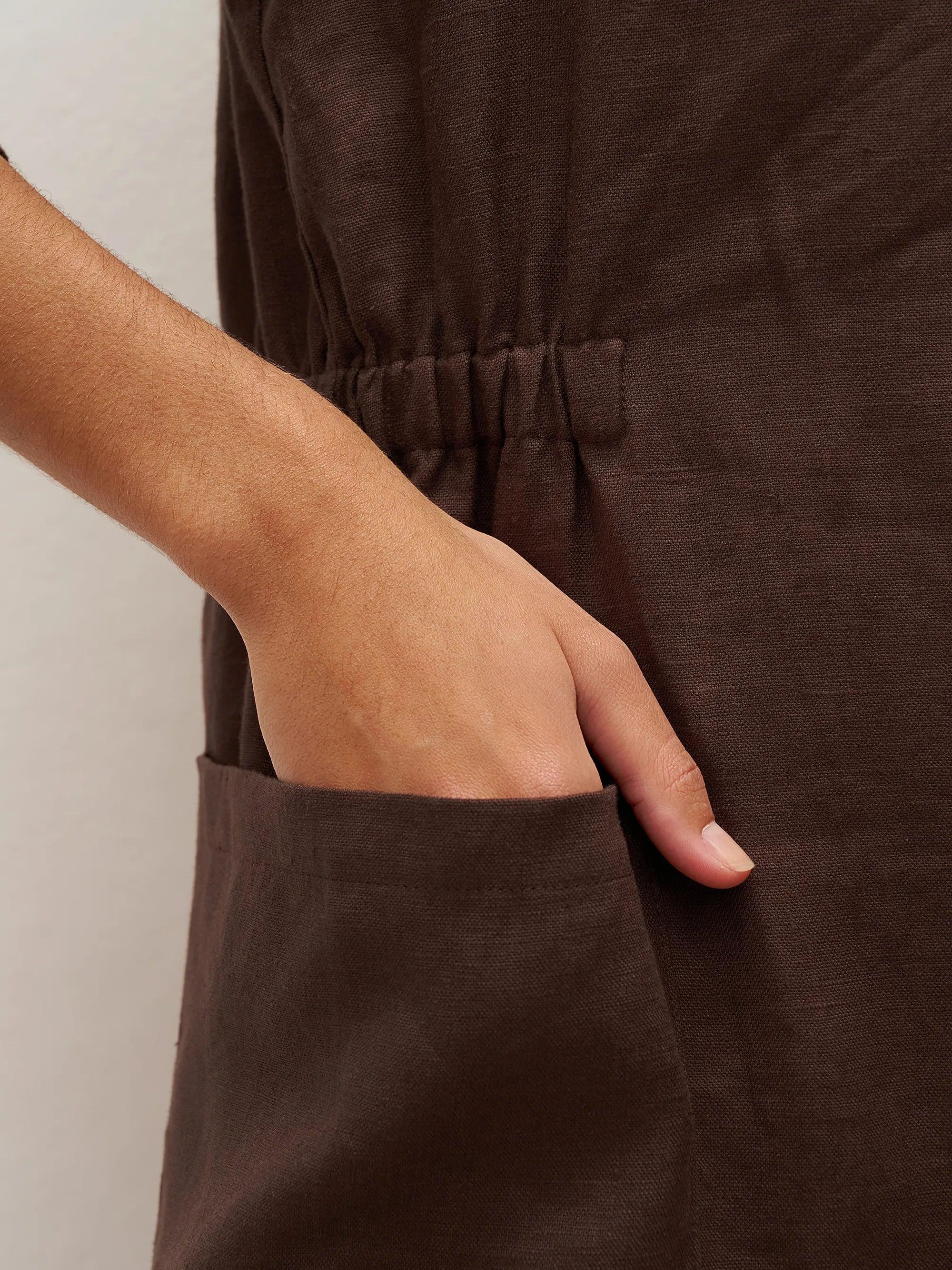 100% Linen V-neck Bell Pocket Midi Dress EVELINA