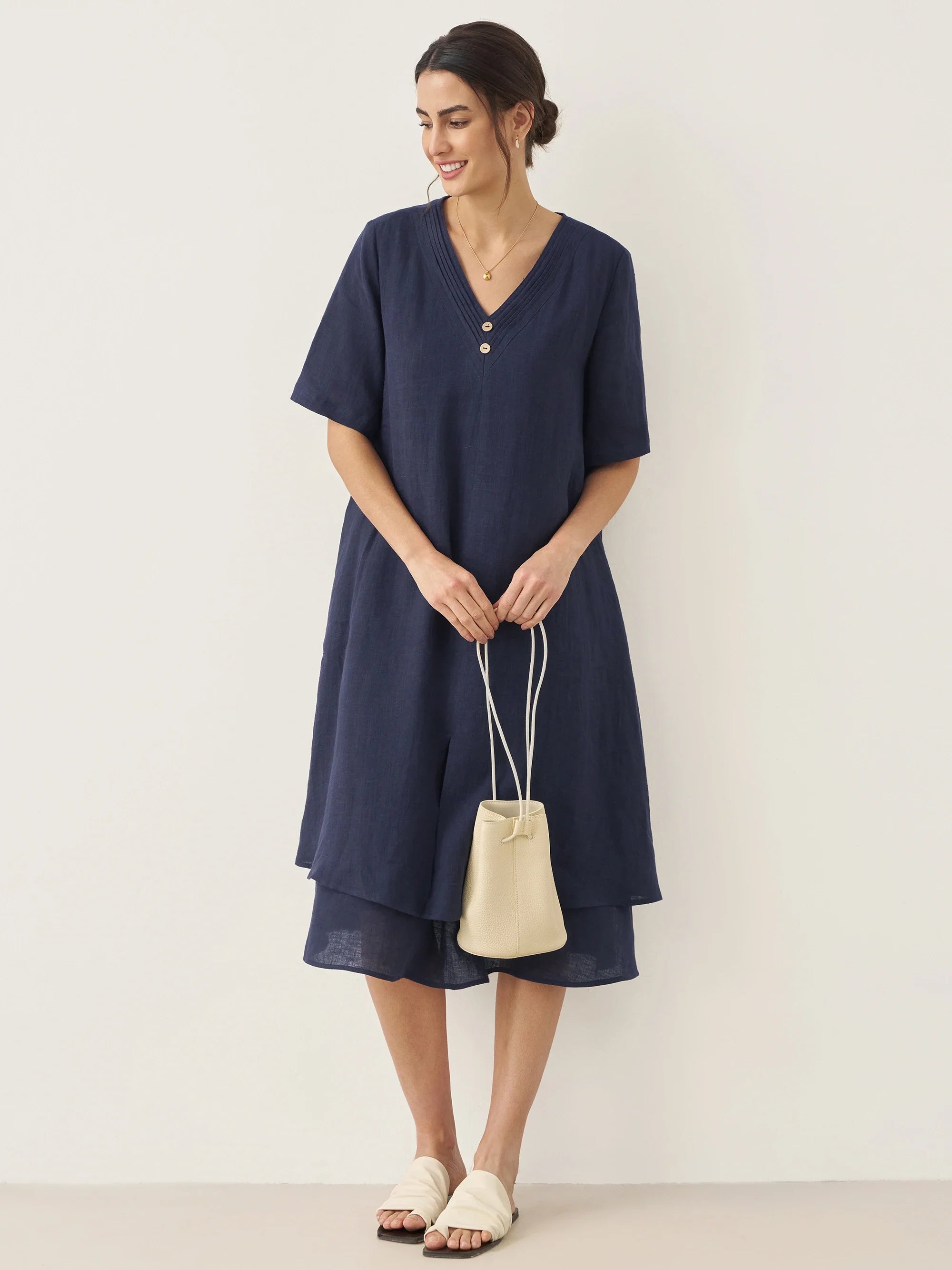 100% Linen V-Neck Double-Layer Midi Dress JAYDA