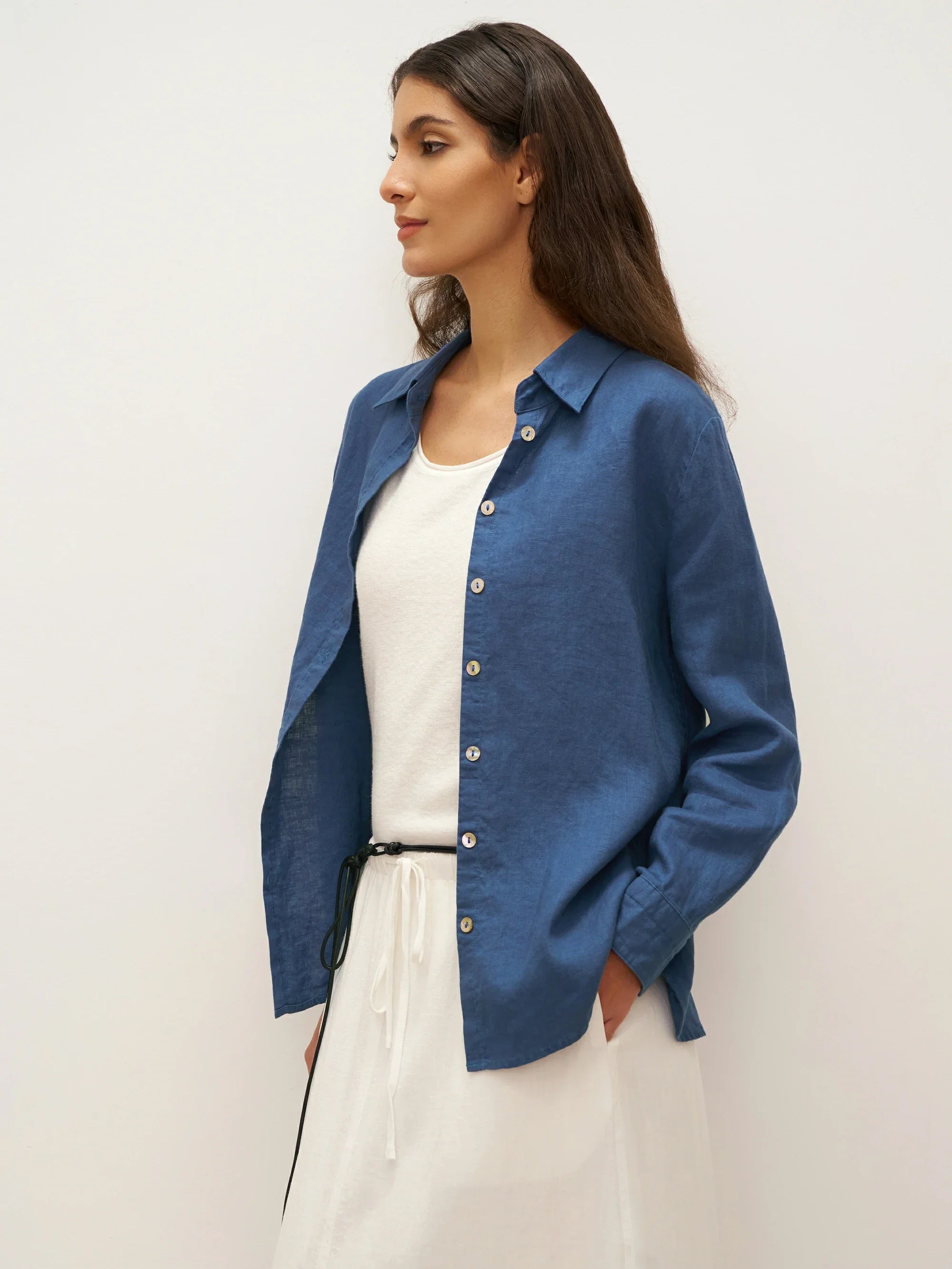 100% Linen Button-Front Shirt with Extended Hem JOVAN