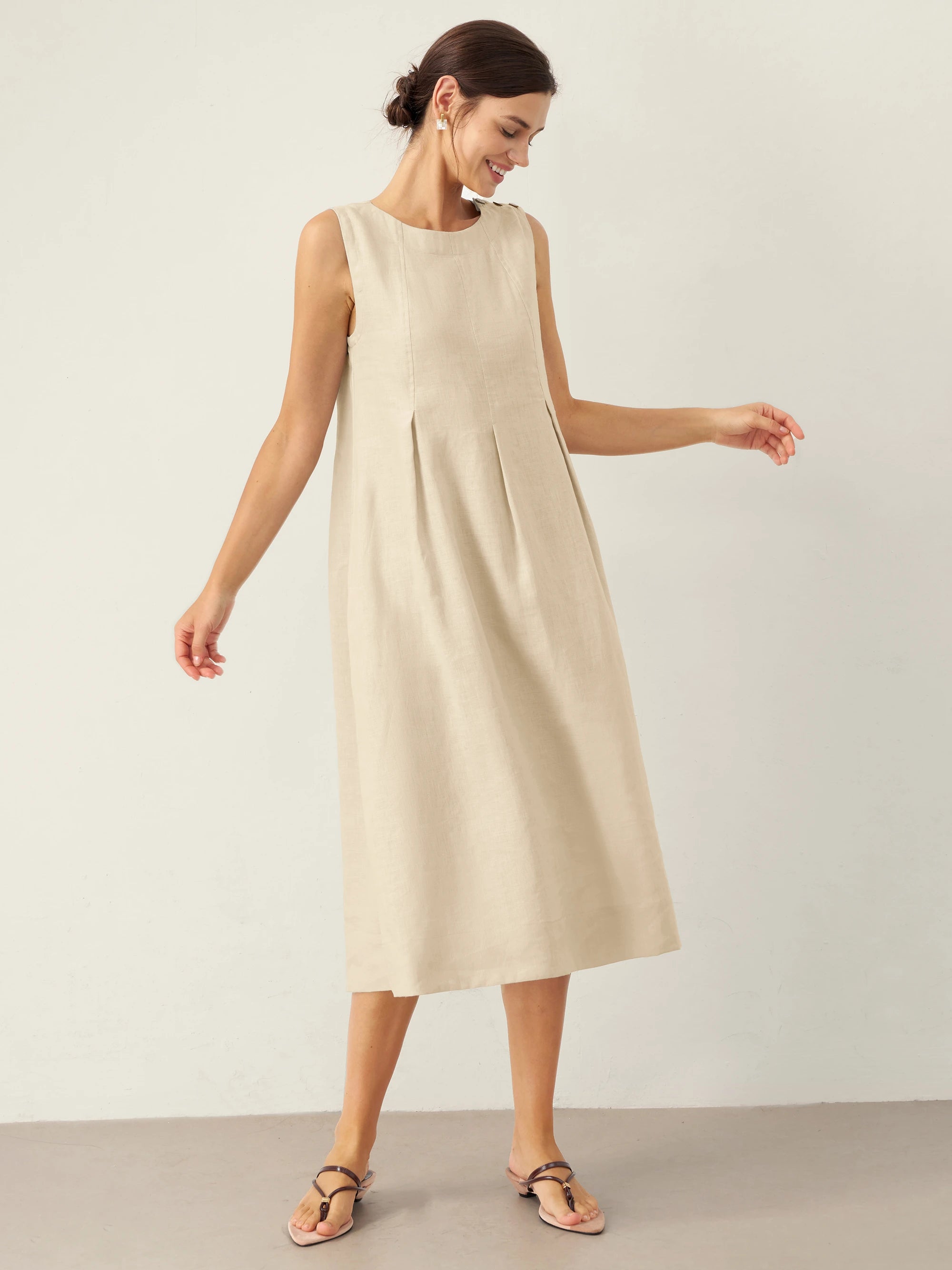 100% Linen Sleeveless Shoulder Button Midi Dress FREYA