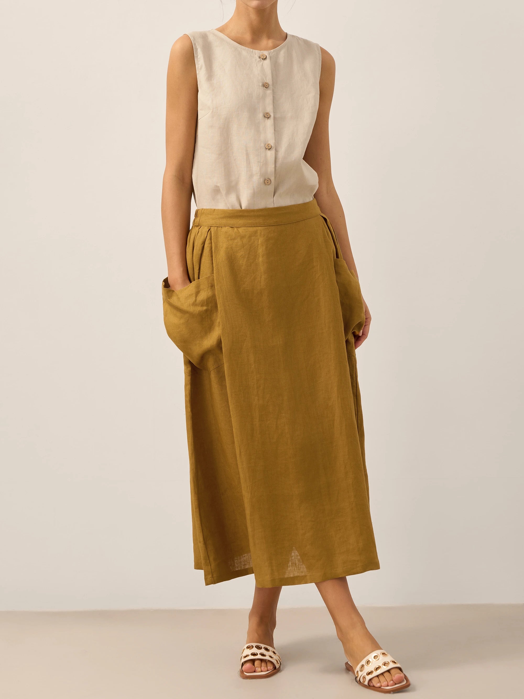 100% Linen Elastic Waist Skirt MARINA