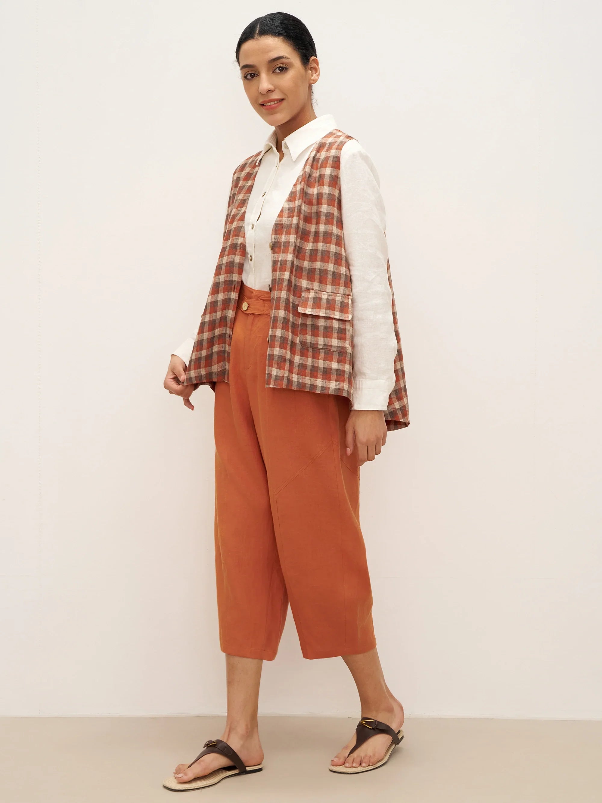 100% Linen V-Neck Checked Oversized Vest DORIS