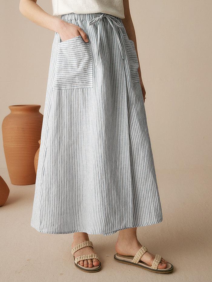 100% Striped Linen Long A-Line Skirt GABRIELLE