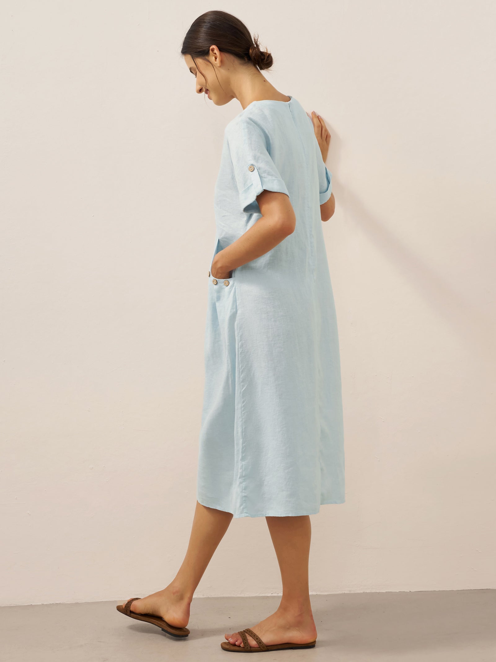 100% Linen Vintage A-Line Button Detail Maxi Dress AMIN