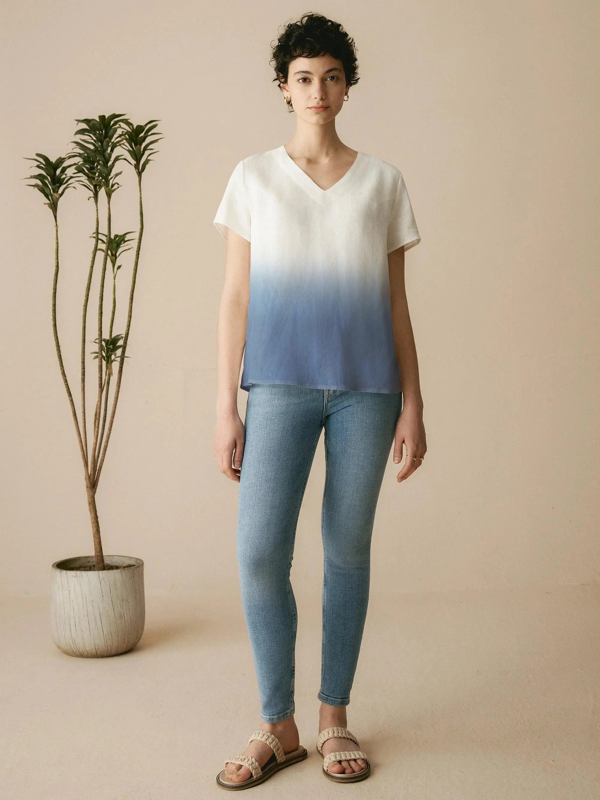 100% Linen Easy Popover V-Neck Boxy Top DAWN