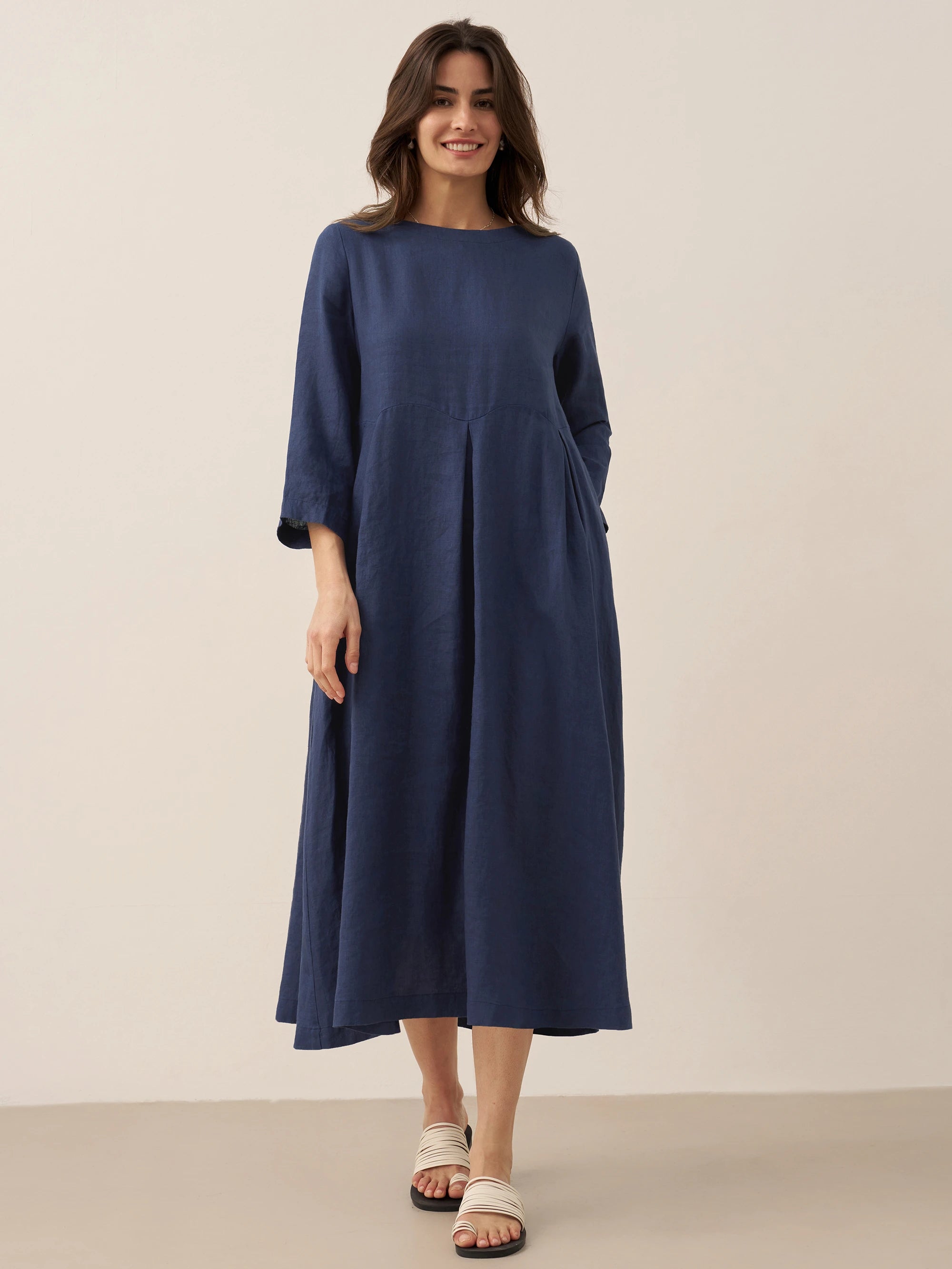 100% Linen Bateau Neck Pleated Maxi Dress