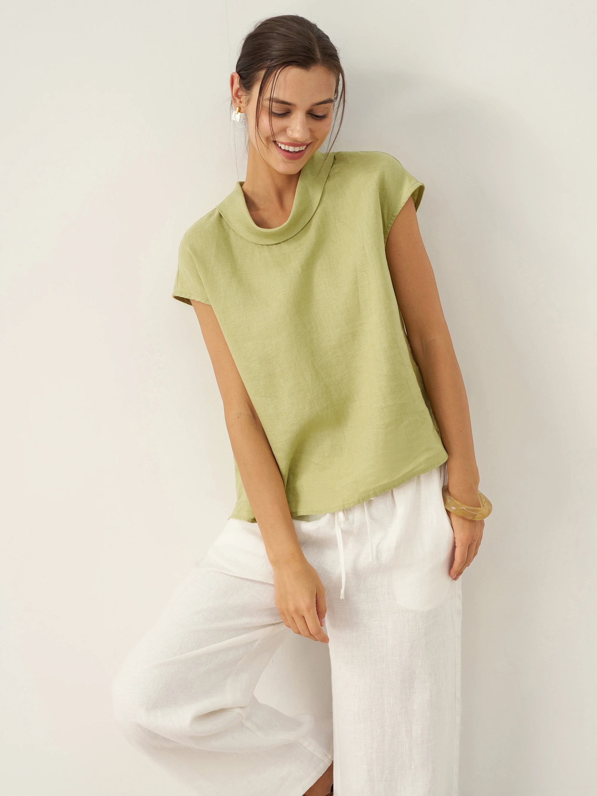 100% Linen Cap Sleeve Soft-Fold Collar Top YVONNE