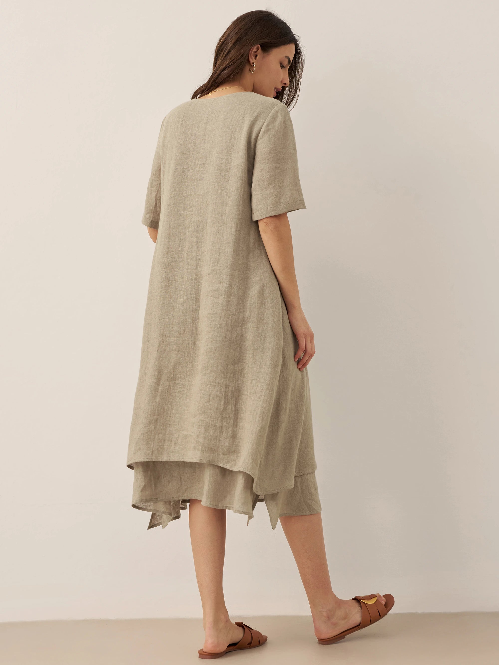 100% Linen V-Neck Double-Layer Midi Dress JAYDA