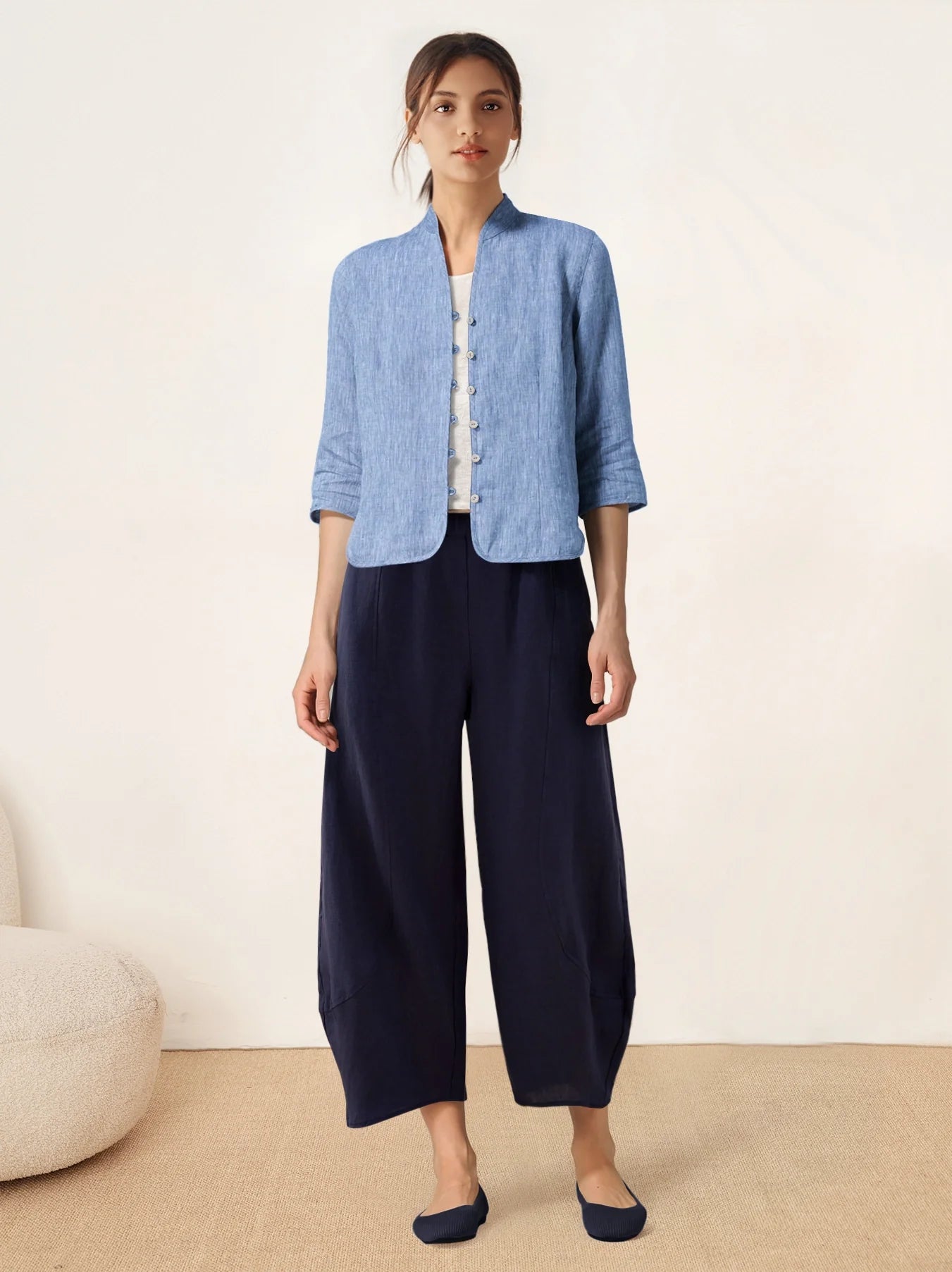 100% Linen Hand Button Fitted Jacket AMELIA