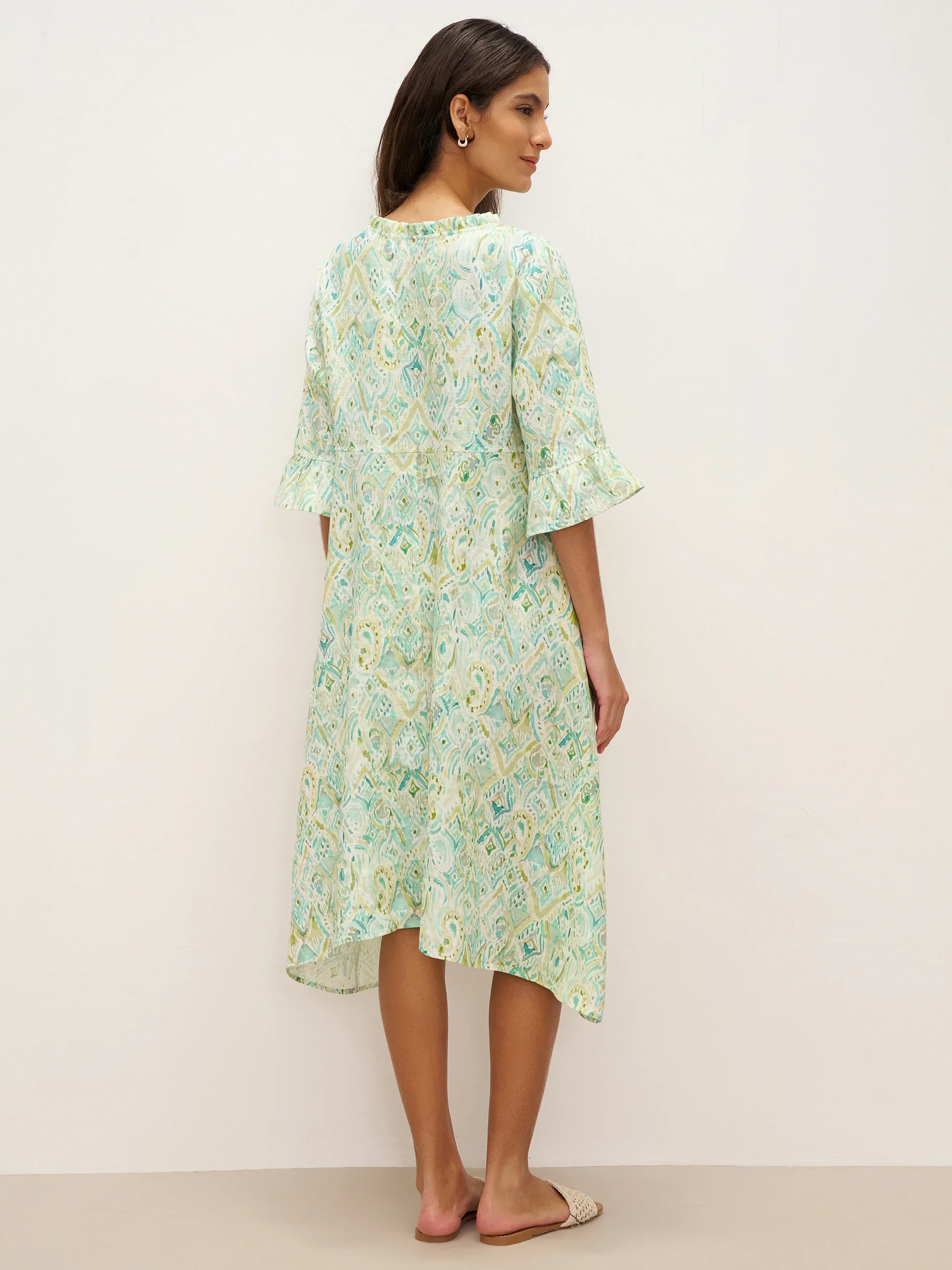 100% Linen A-Line Ruffled Collar Tie-Neck Midi Dress LIVIA