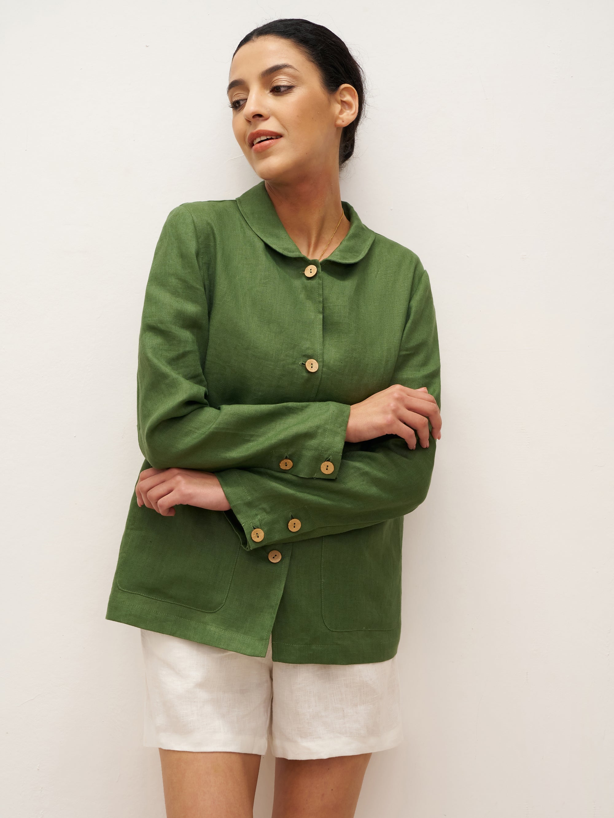100% Linen Peter Pan Collar Patch Pocket Shirt Jacket LYDIA