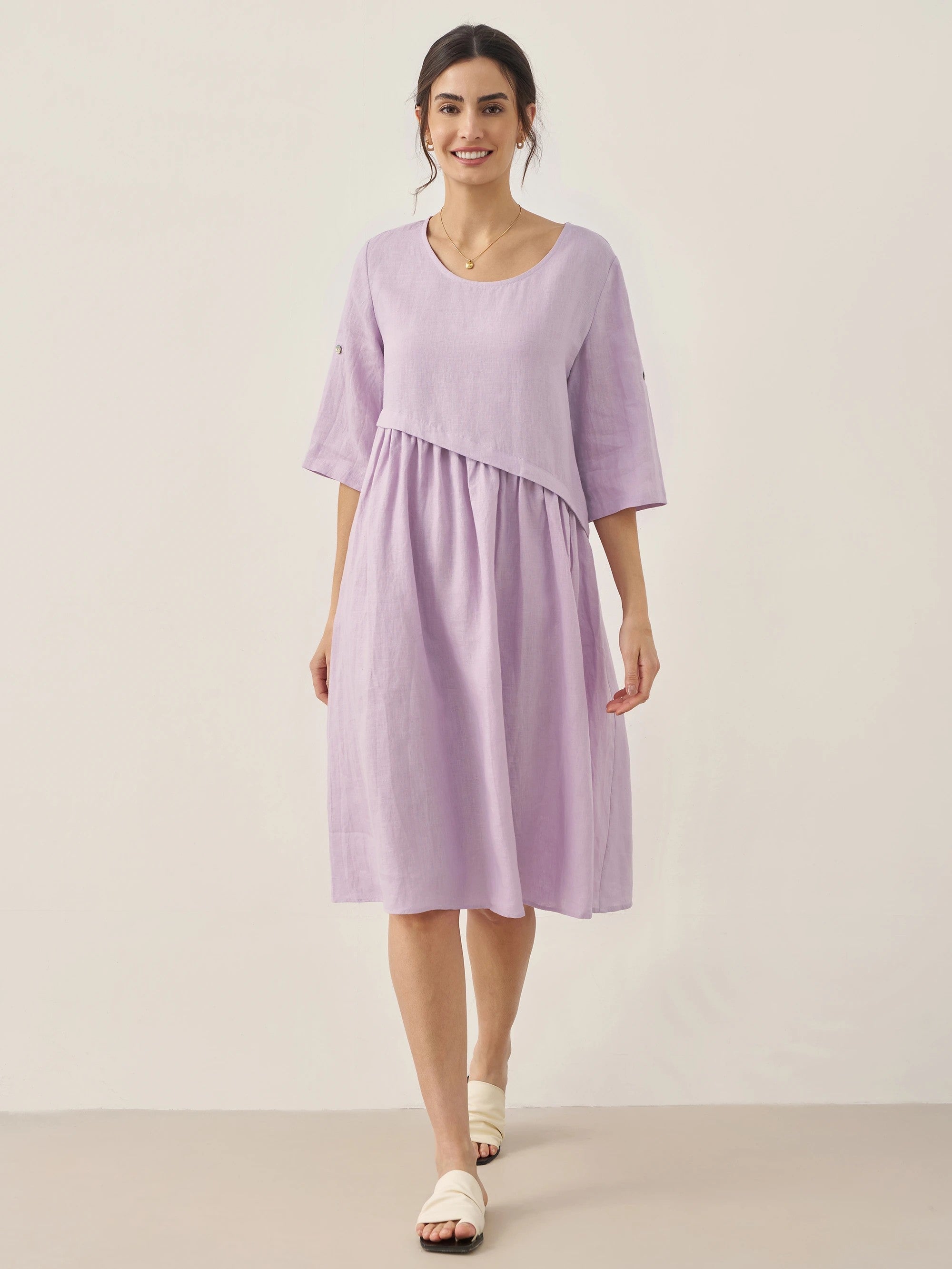 100% Linen Asymmetrical Pleated Round Neck Midi Dress YOLANDA