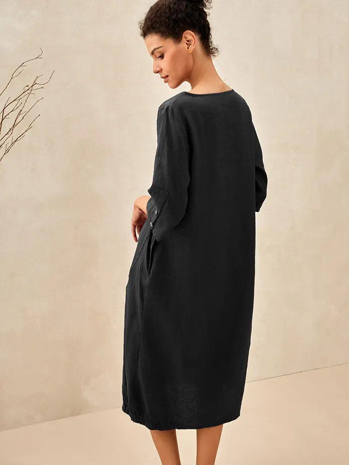 100% Linen Collarless Mid-Length Dress SOFIA
