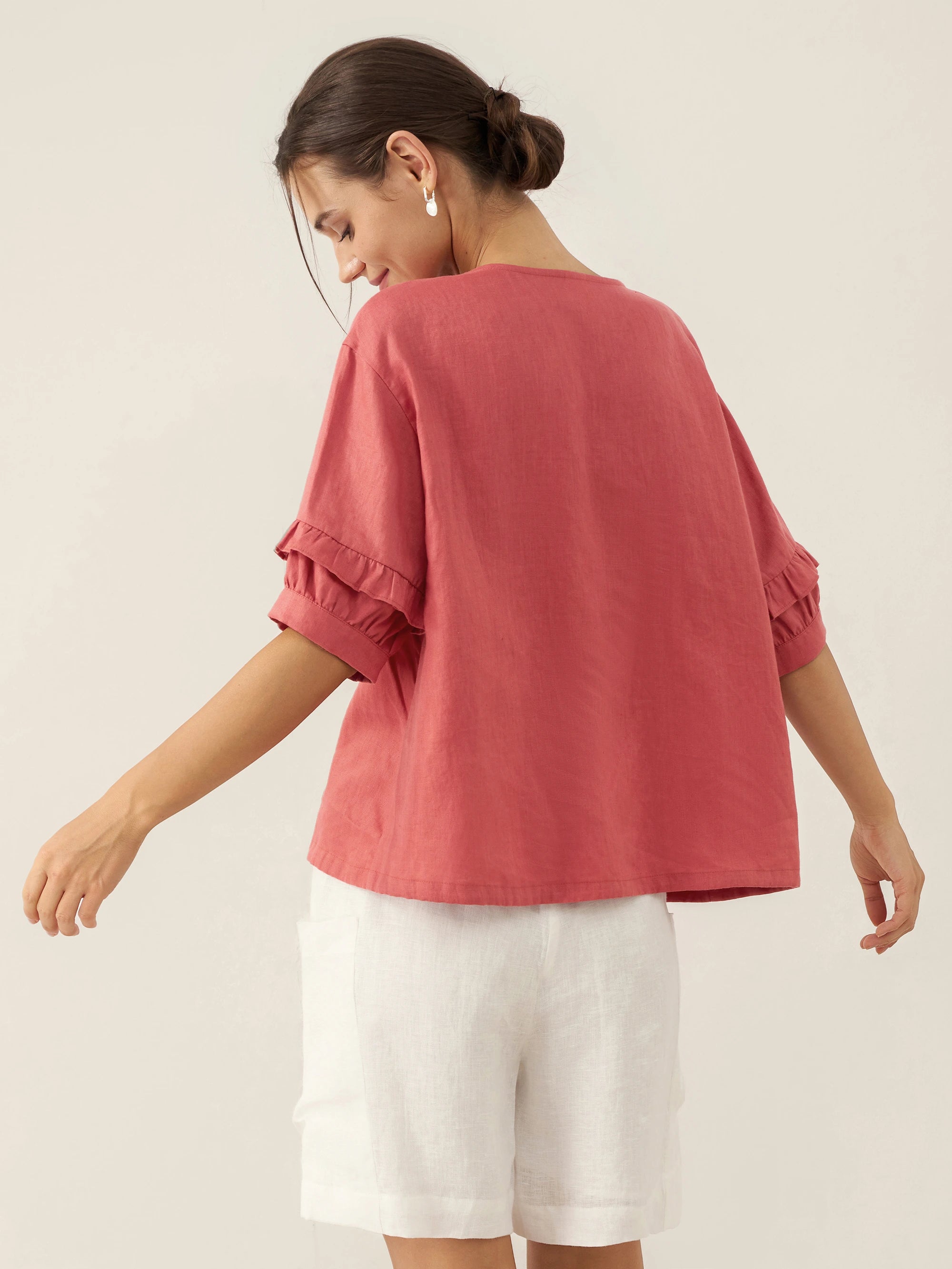 100% Linen Flutter Sleeve Drawstring Top ZOEY