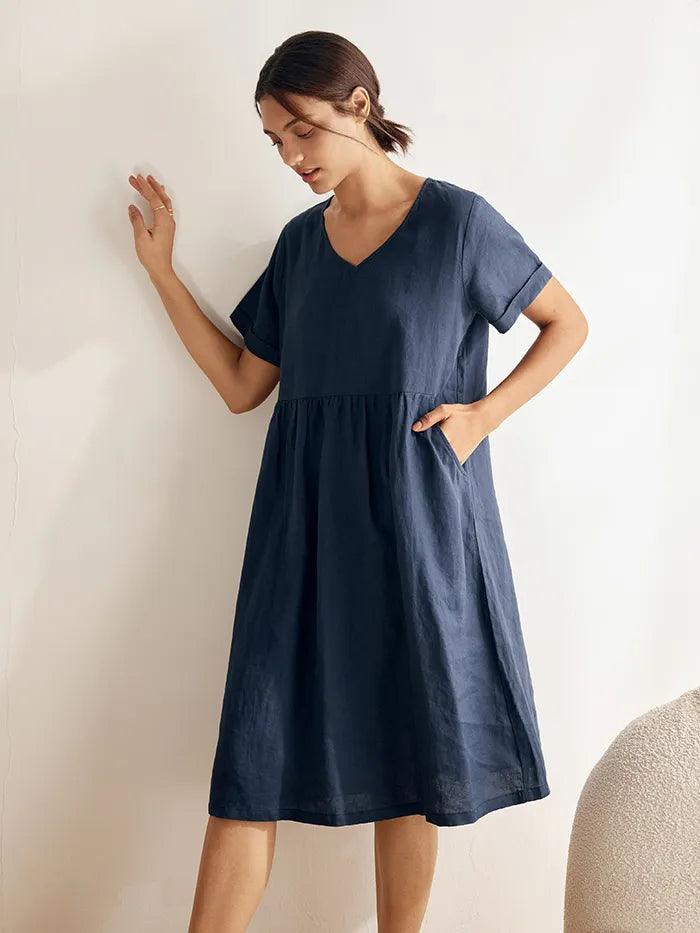 100% Linen V-Neck Waist Ruched Pocket Dress CHARLOTTE