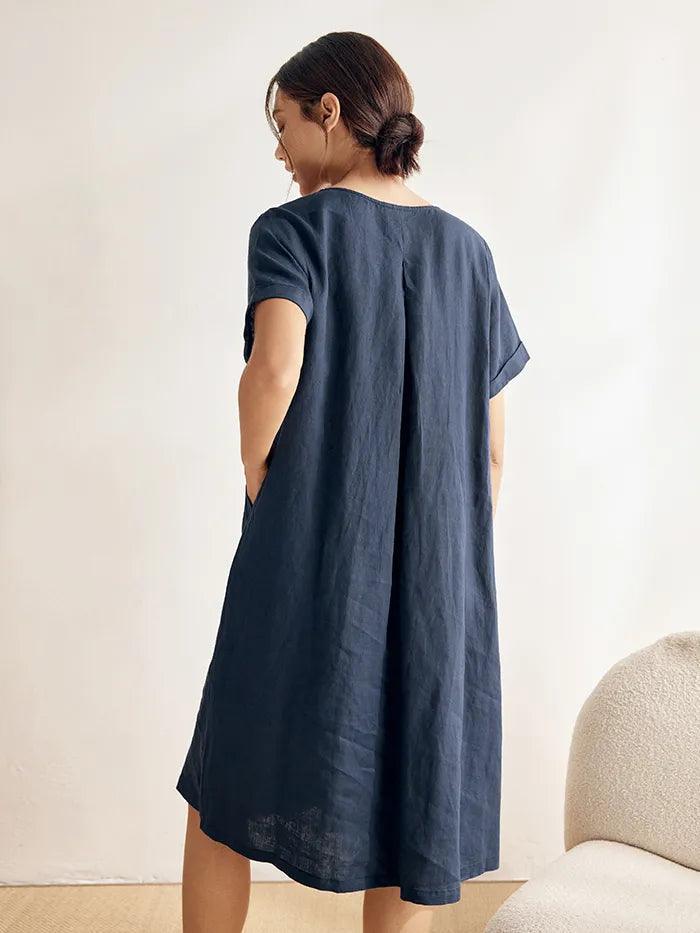 100% Linen V-Neck Waist Ruched Pocket Dress CHARLOTTE