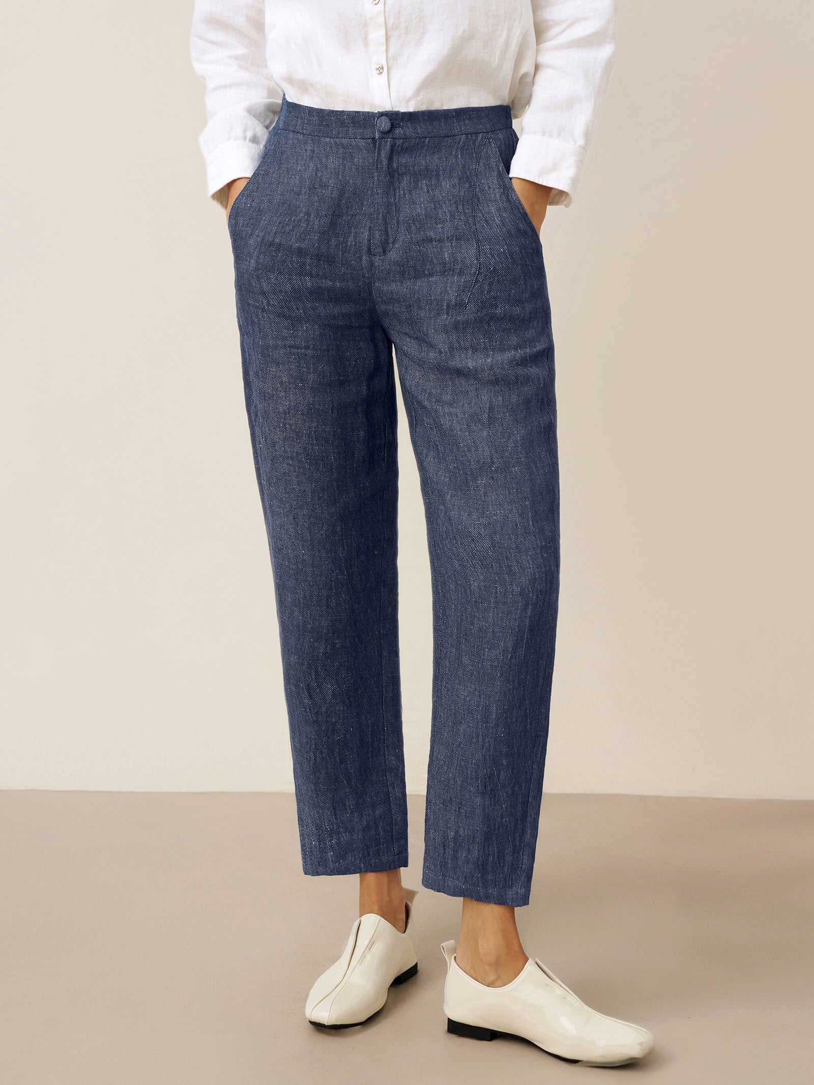 100% Linen Denim Texture Tapered Pants LAYLA