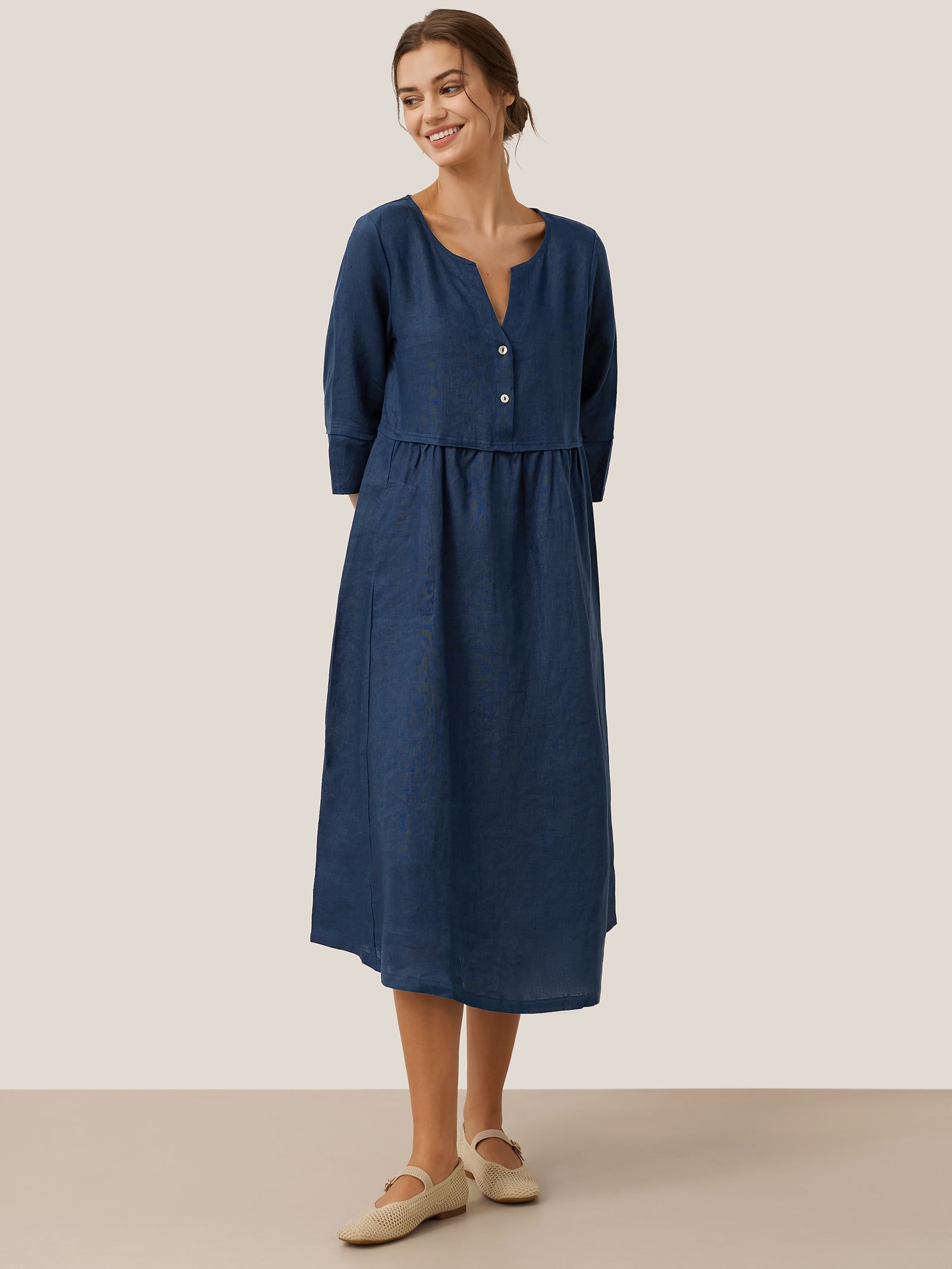 100% Linen Loose Fit Button Waist Gathered Maxi Dress LUNA