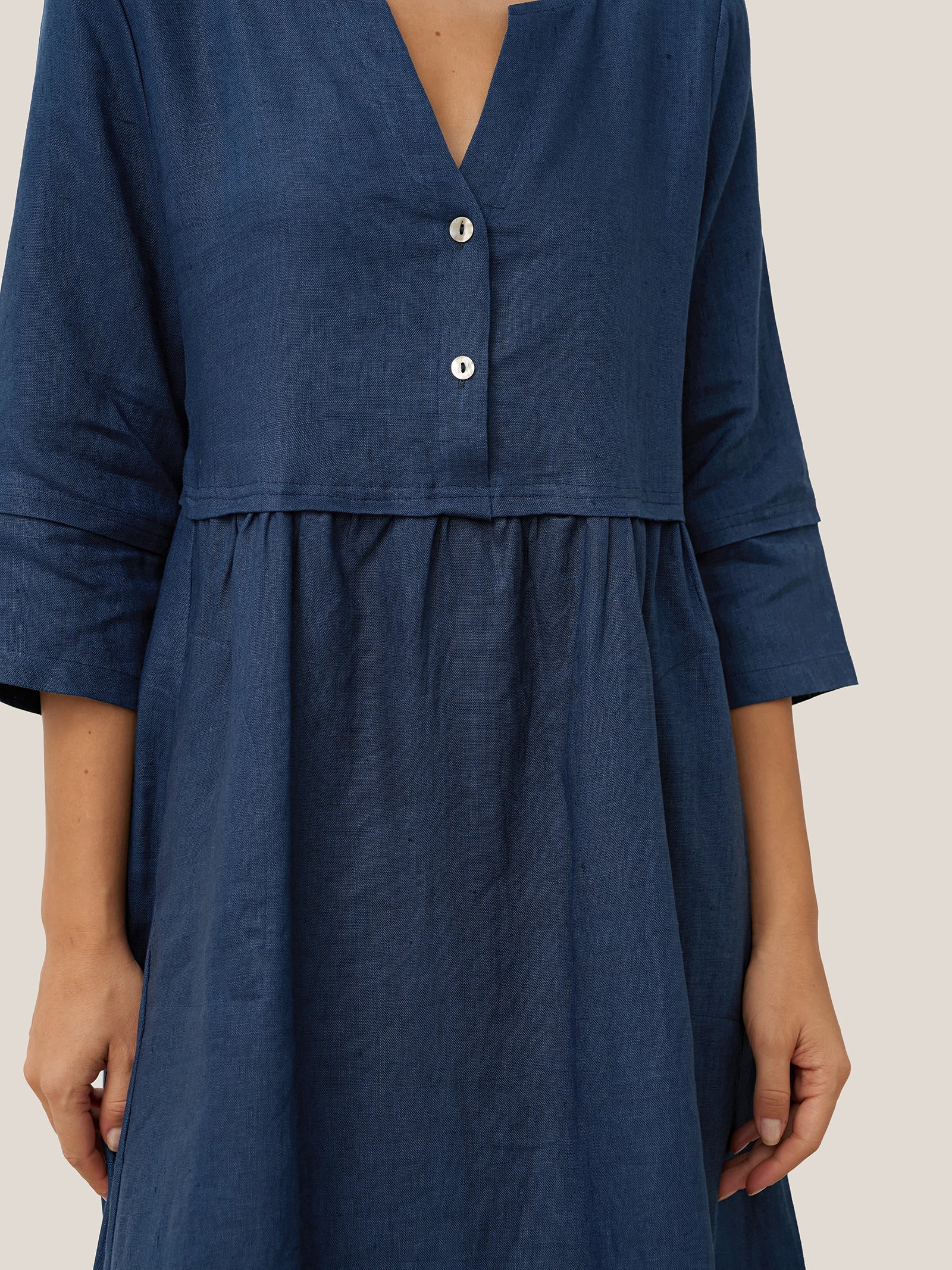 100% Linen Loose Fit Button Waist Gathered Maxi Dress LUNA