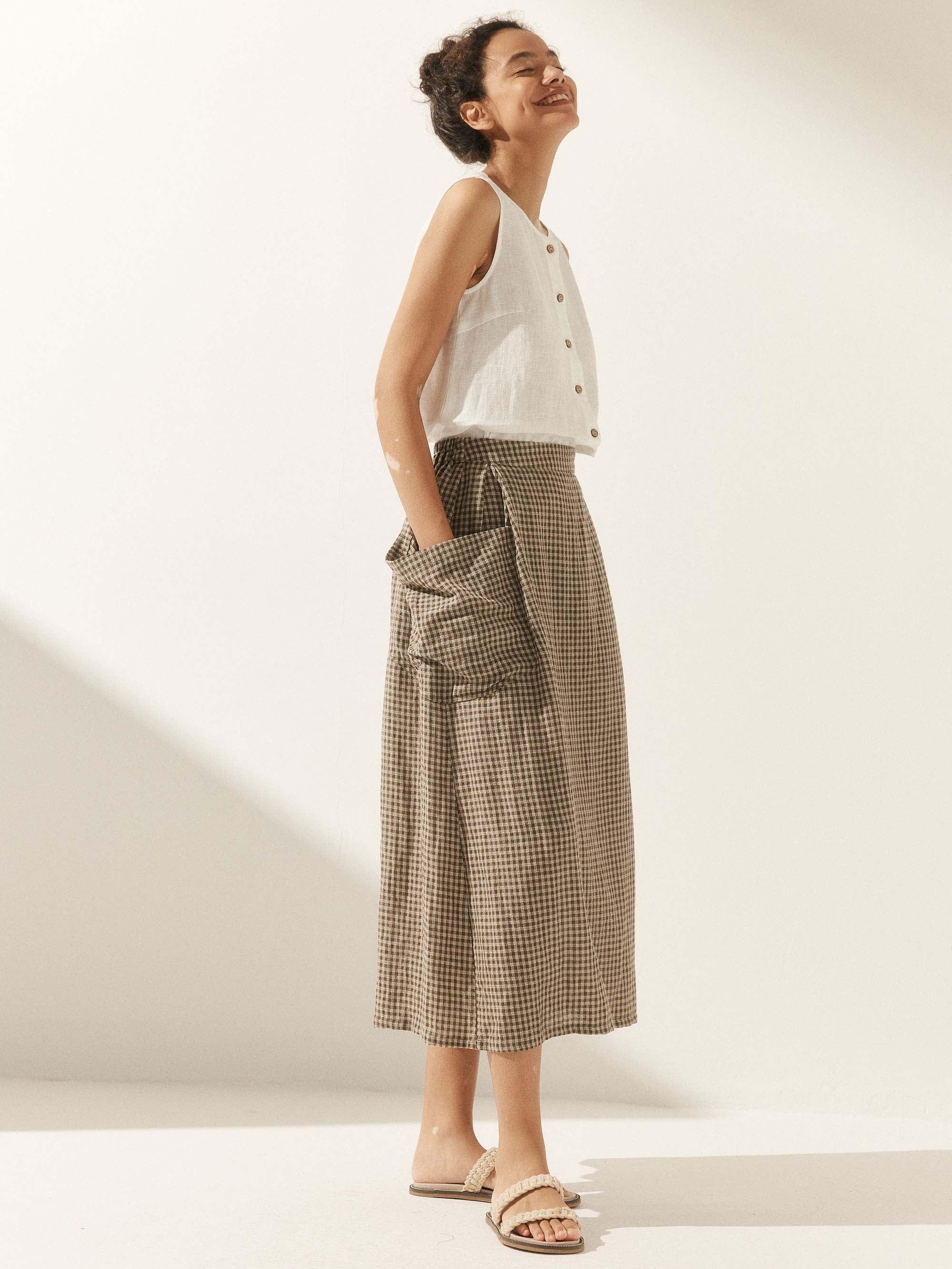 Linen Checked Elastic Waist Skirt ONYX