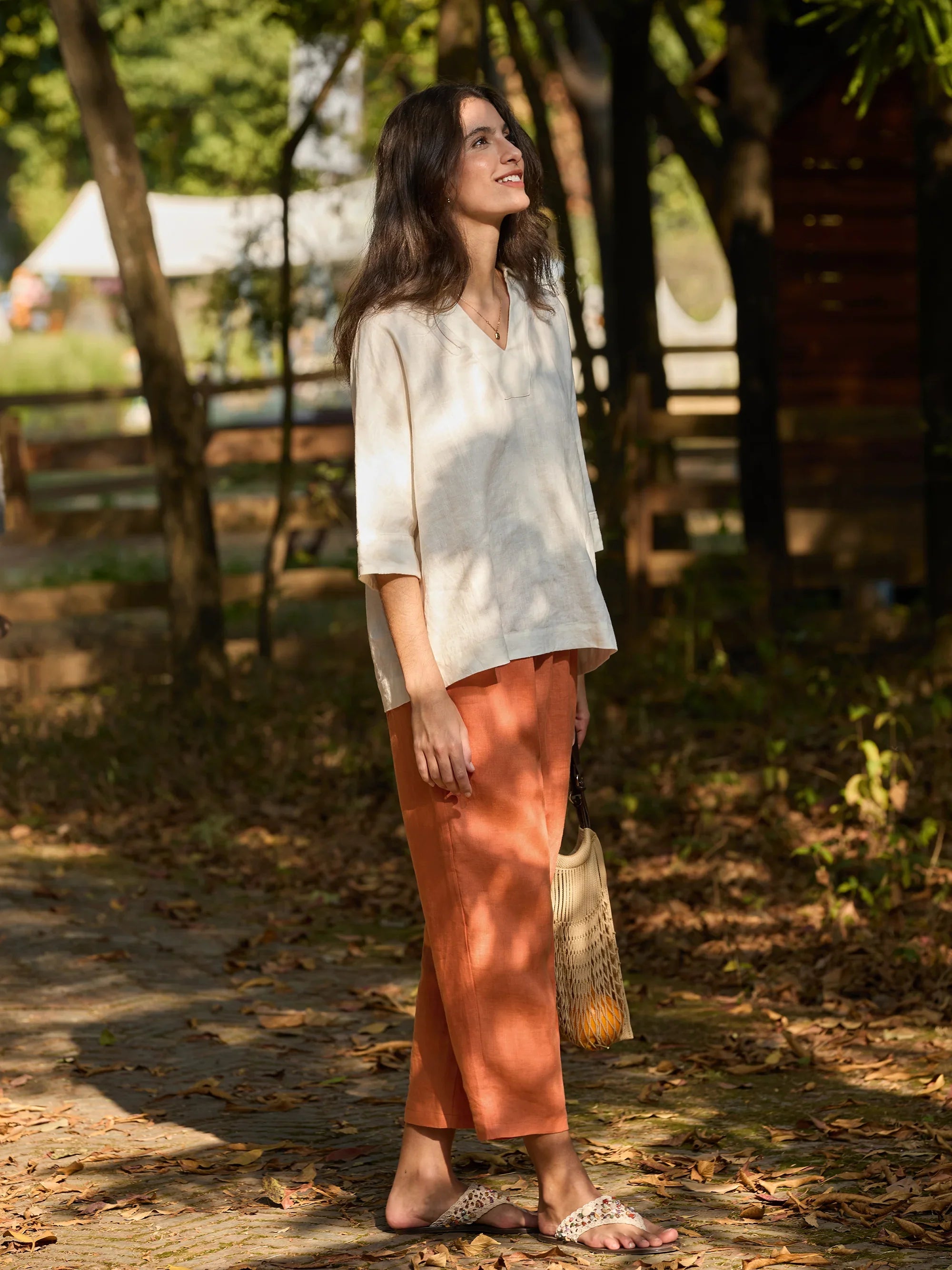 100% Linen Button Accents Tapered Pants DORALIE