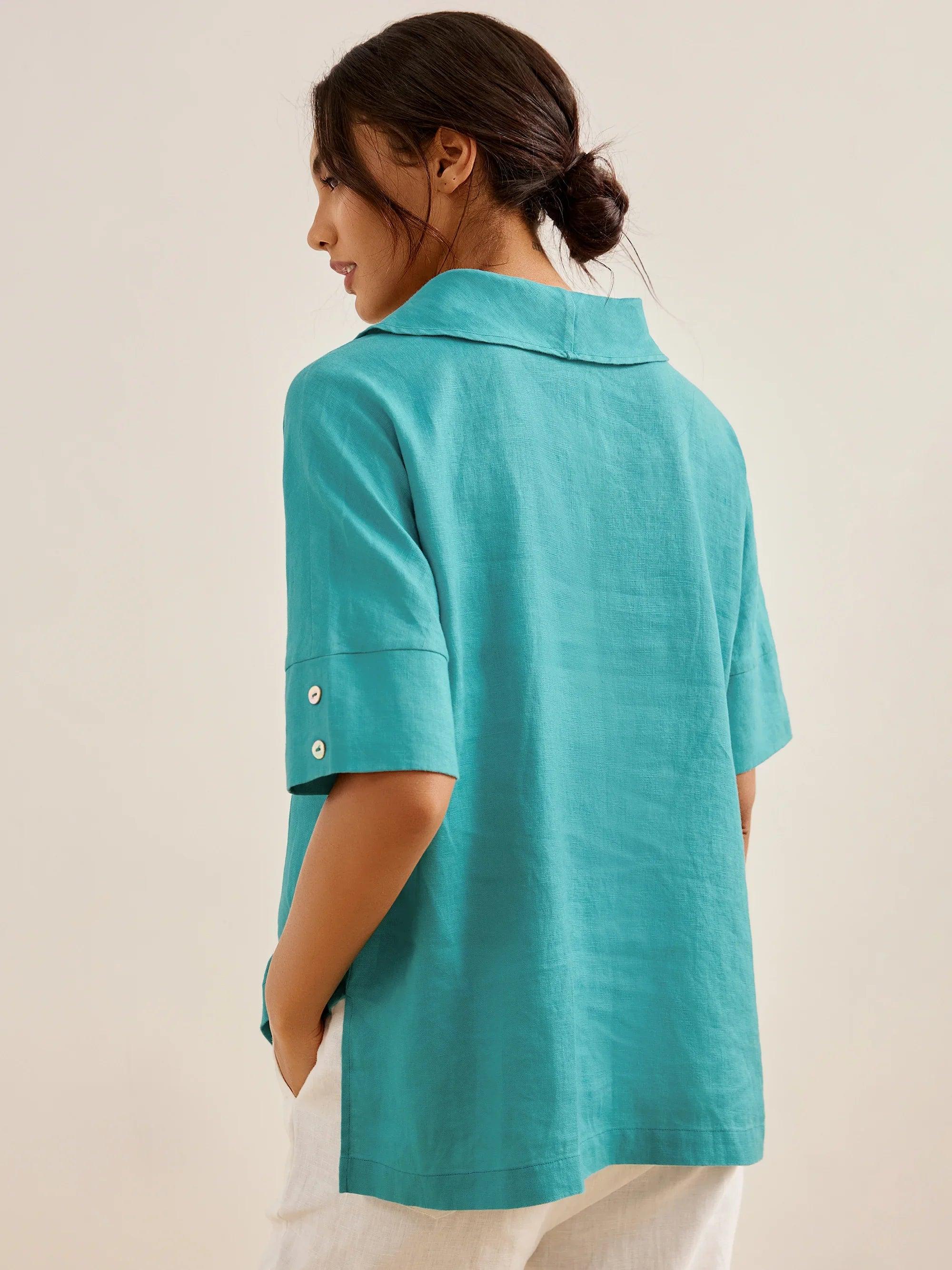 100% Linen V-Neck Short Sleeve Shirt SIERRA