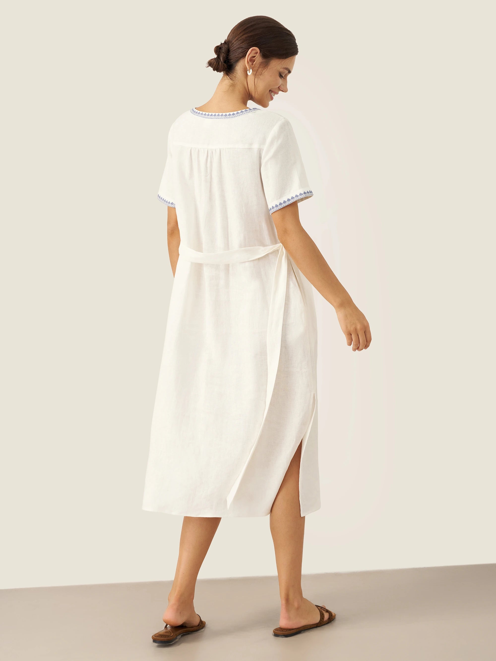 100% Linen Embroidered V-Neck Midi Dress with Belt FELLIS