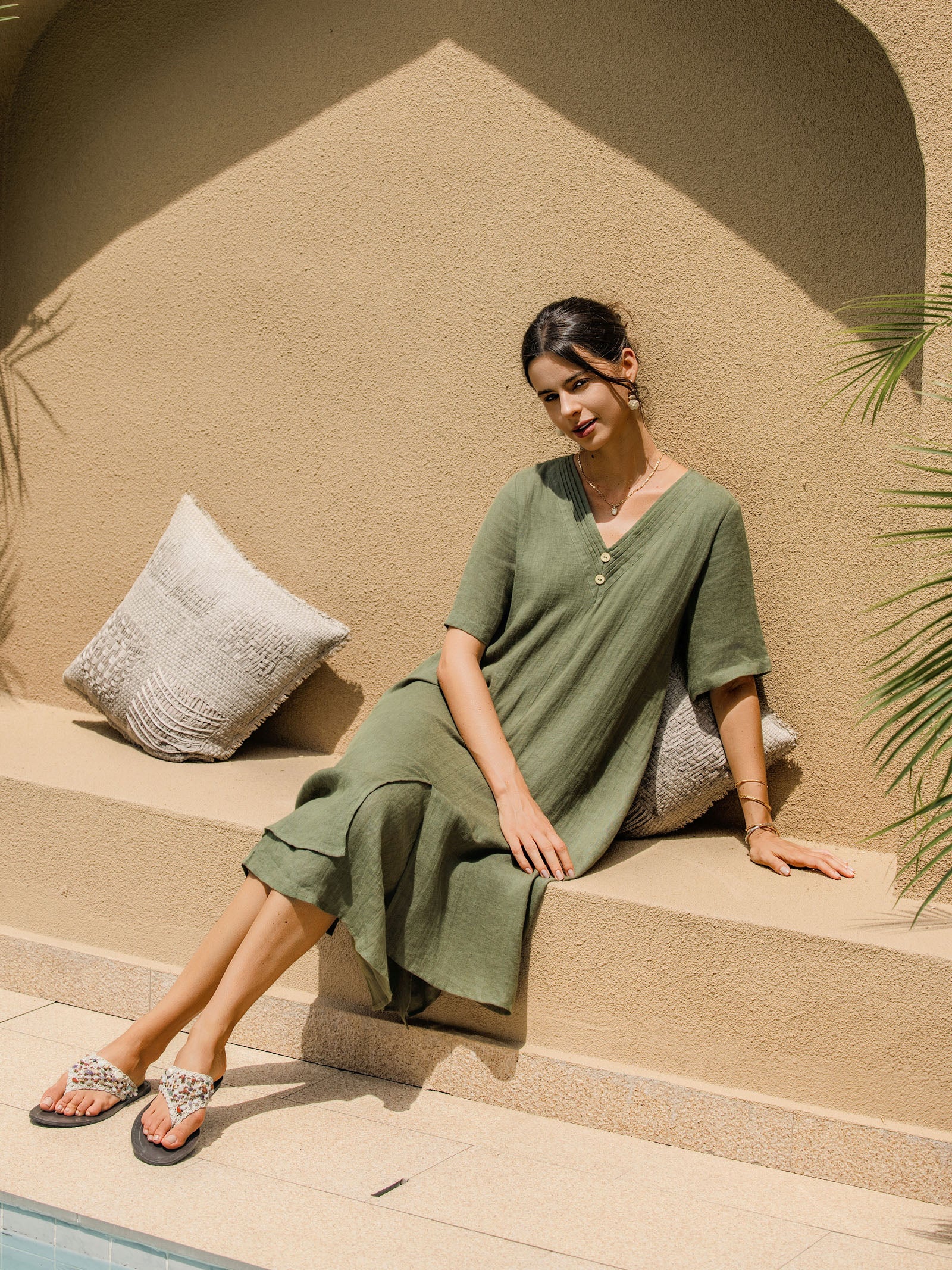 100% Linen V-Neck Double-Layer Midi Dress JAYDA