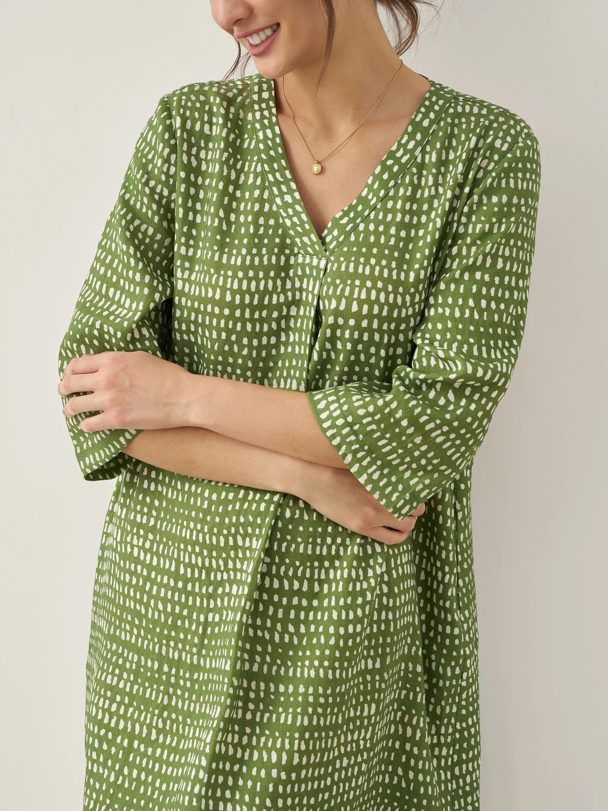 100% Linen V-Neck Dot Midi Dress LIRA