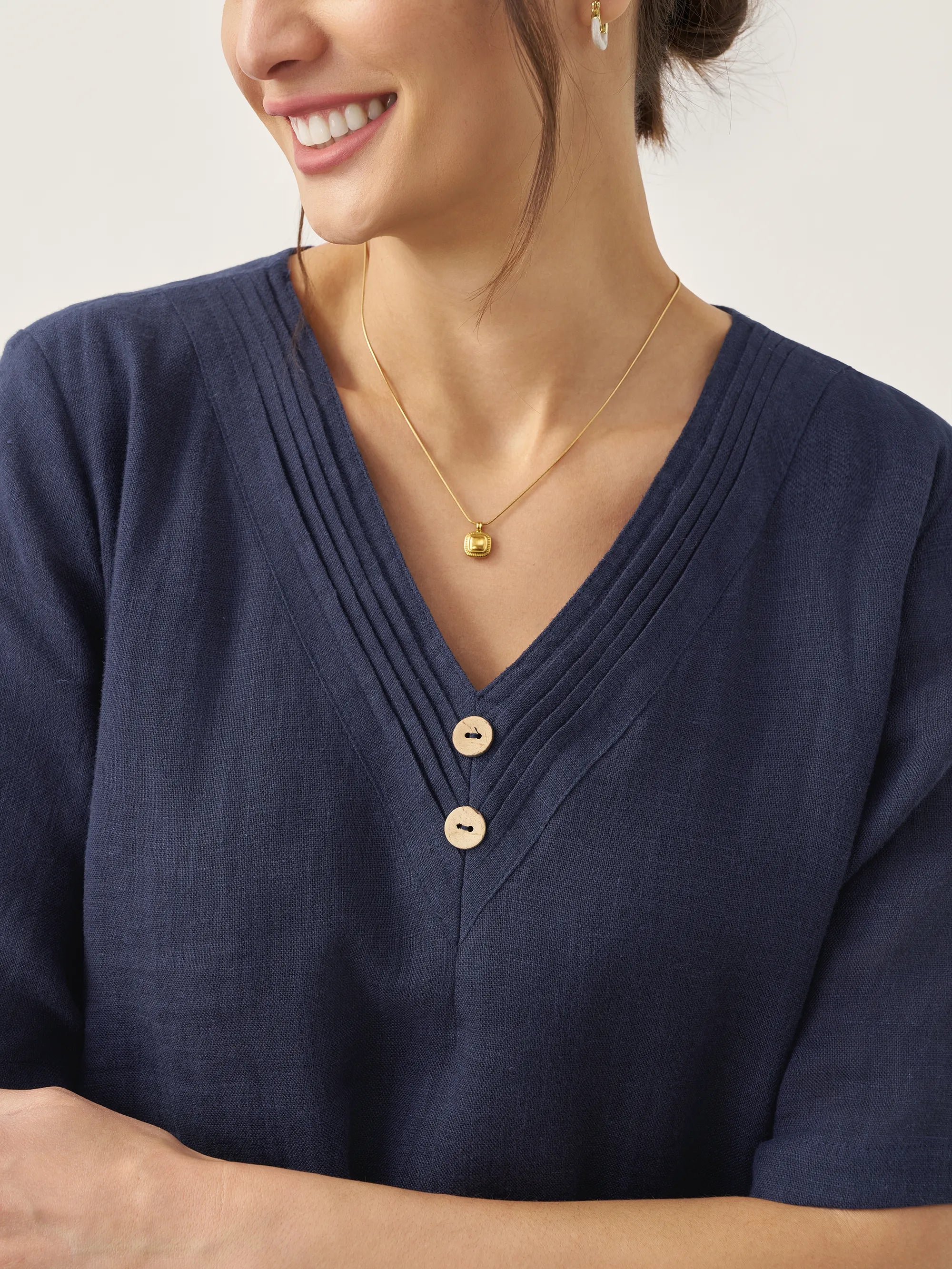 100% Linen V-Neck Double-Layer Midi Dress JAYDA