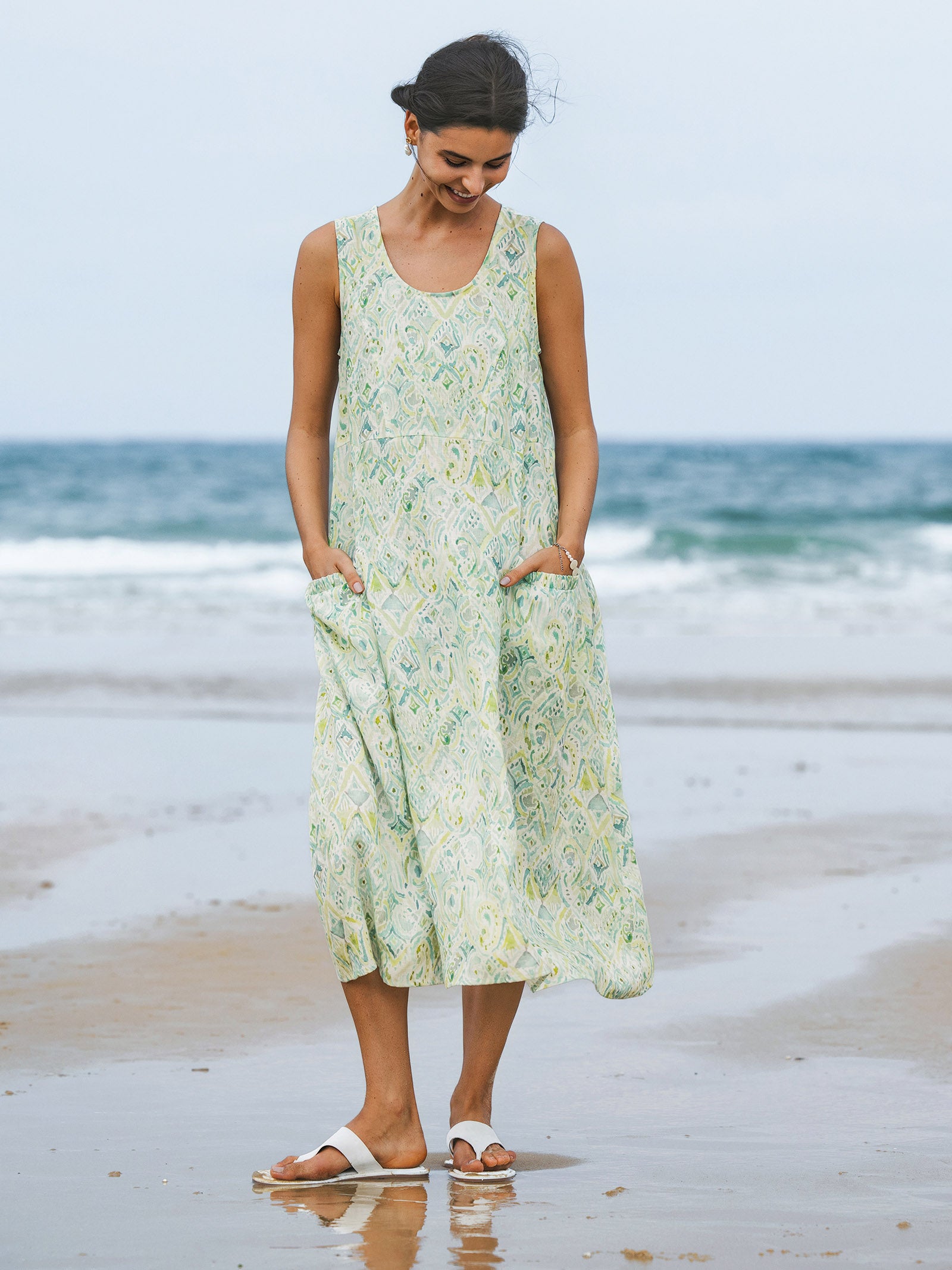 100% Linen Floral Swing Beach Tank Dress LORRAINE