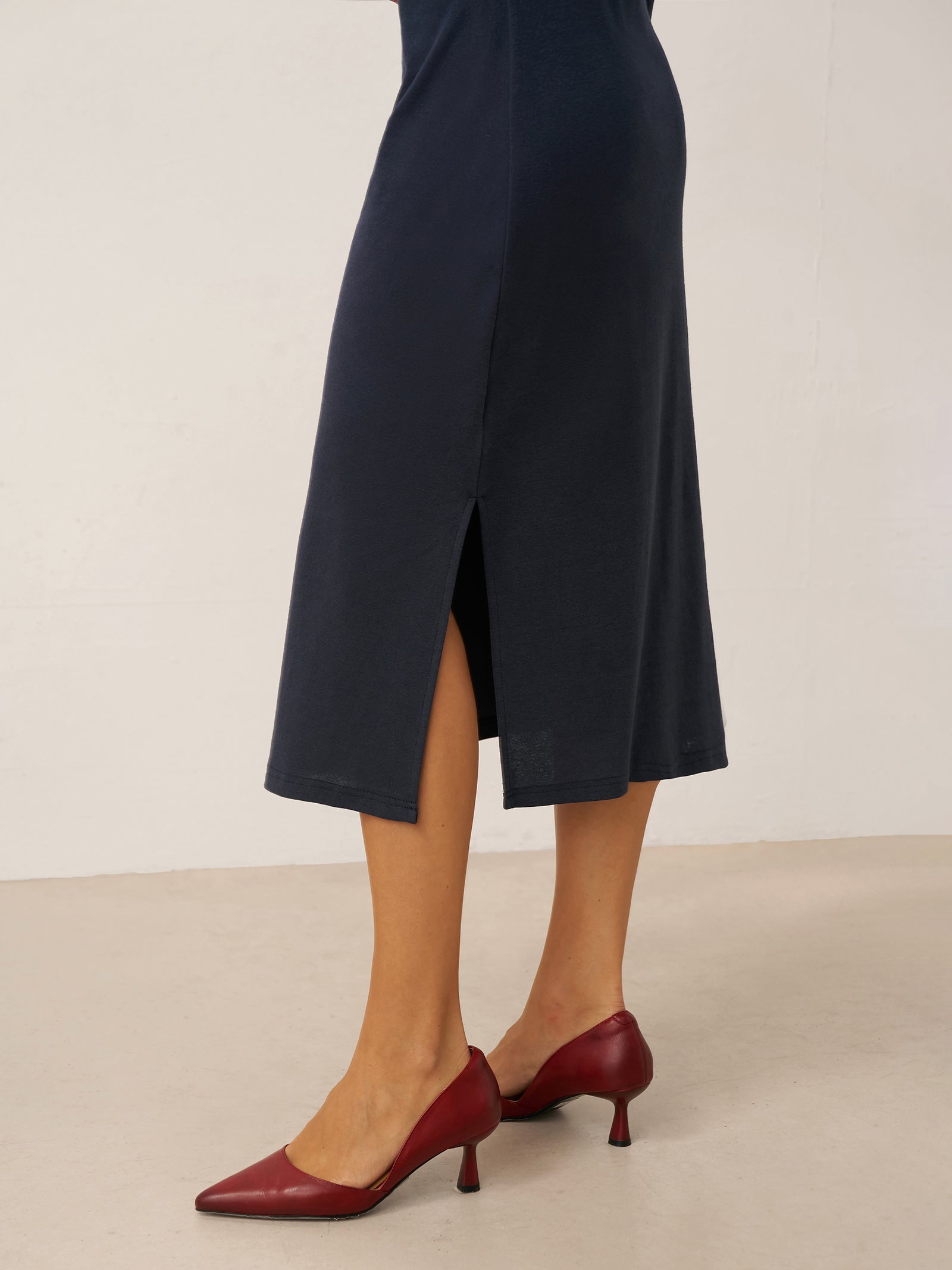 Linen Crossover V-Neck Wrap Stretch Midi Dress MARNIE