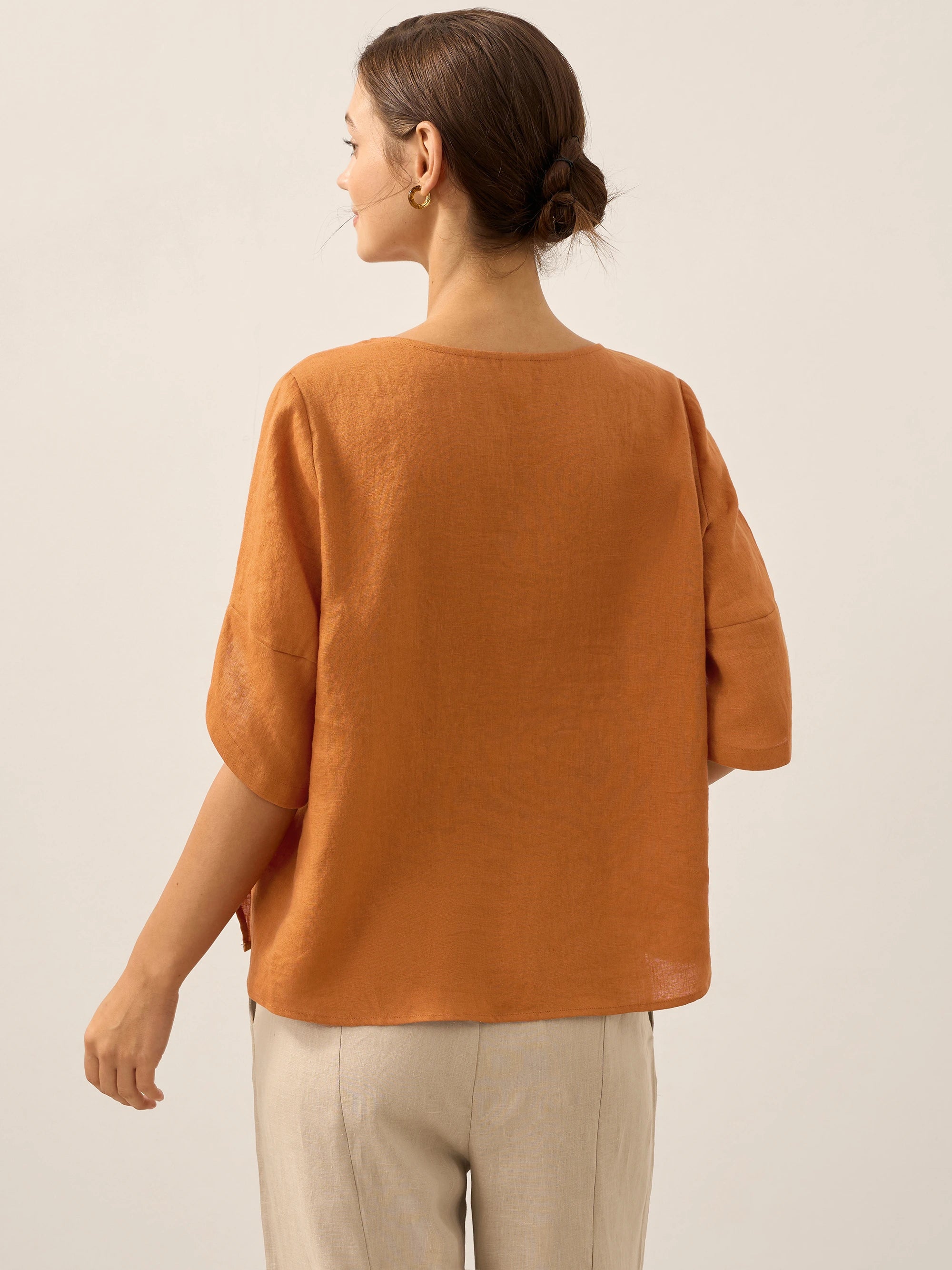 100% Linen Round Neck Petal-Sleeve Pullover LAUREL