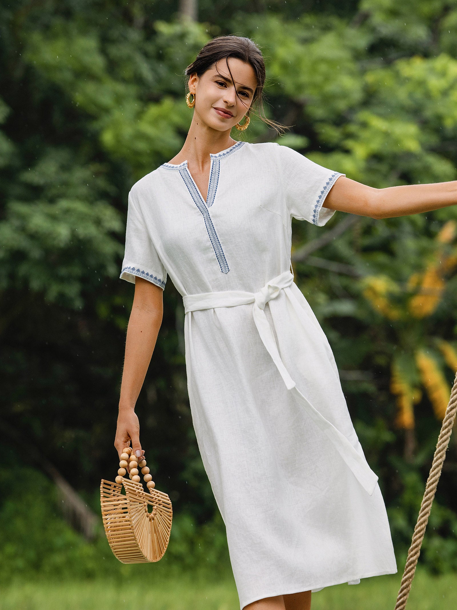 100% Linen Embroidered V-Neck Midi Dress with Belt FELLIS