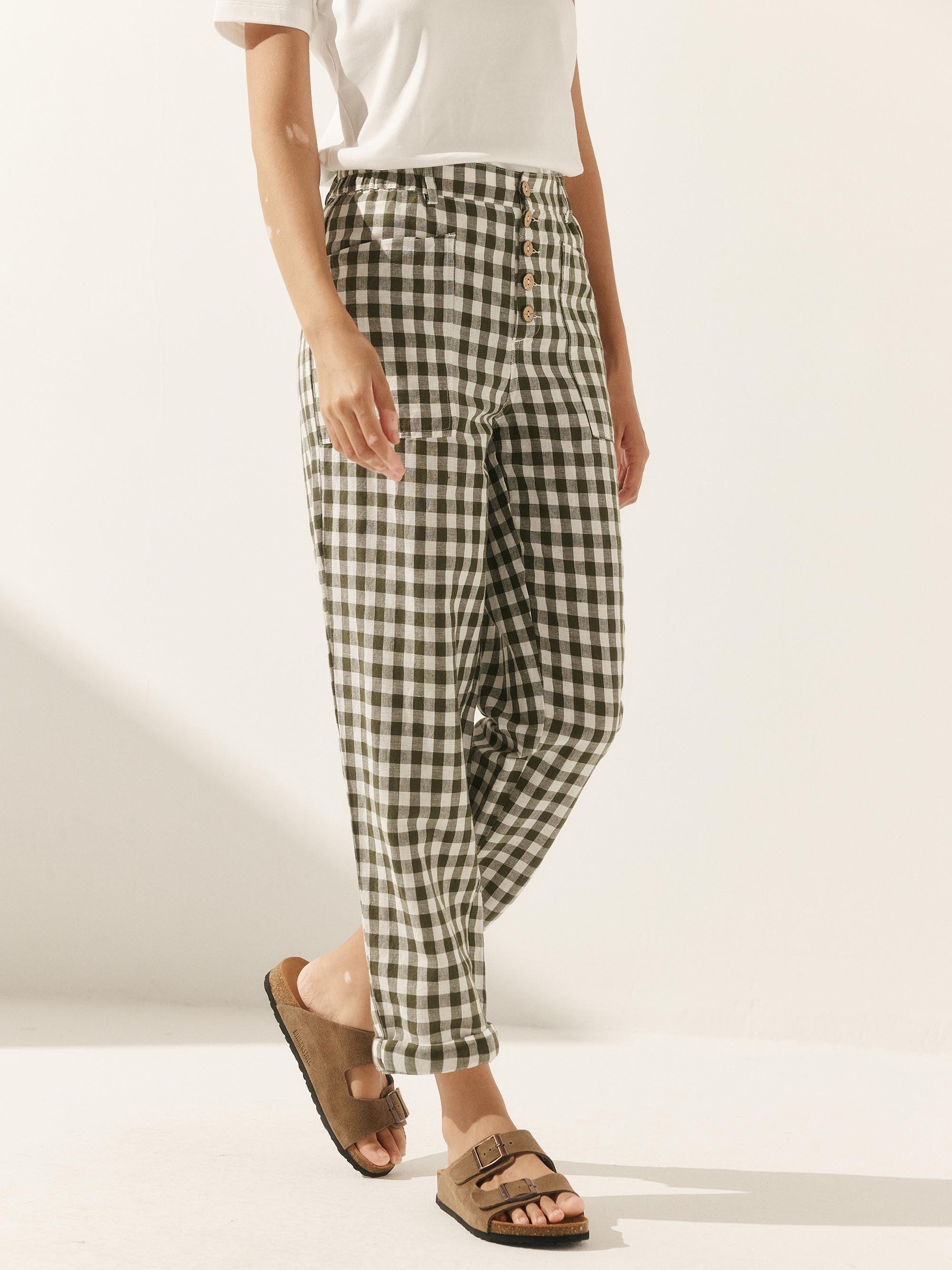 Linen Simple Checked Button Fly Trousers HEIDI