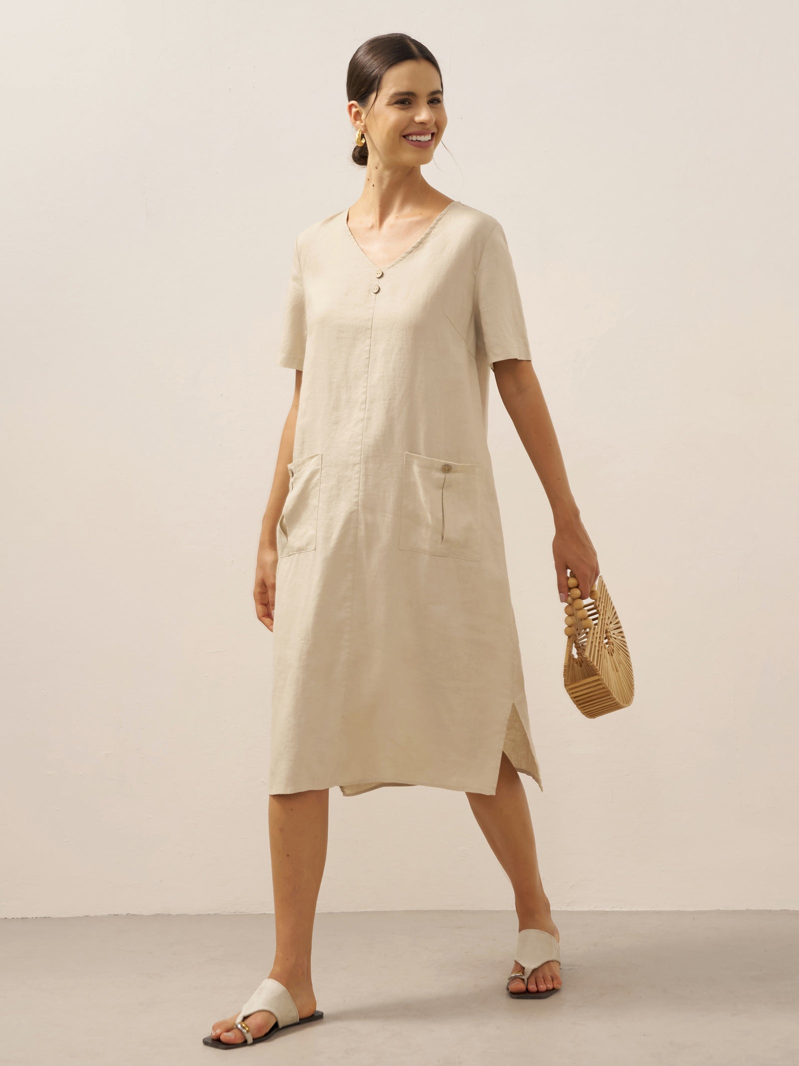100% Linen Button Front V-Neck Midi Dress NOA