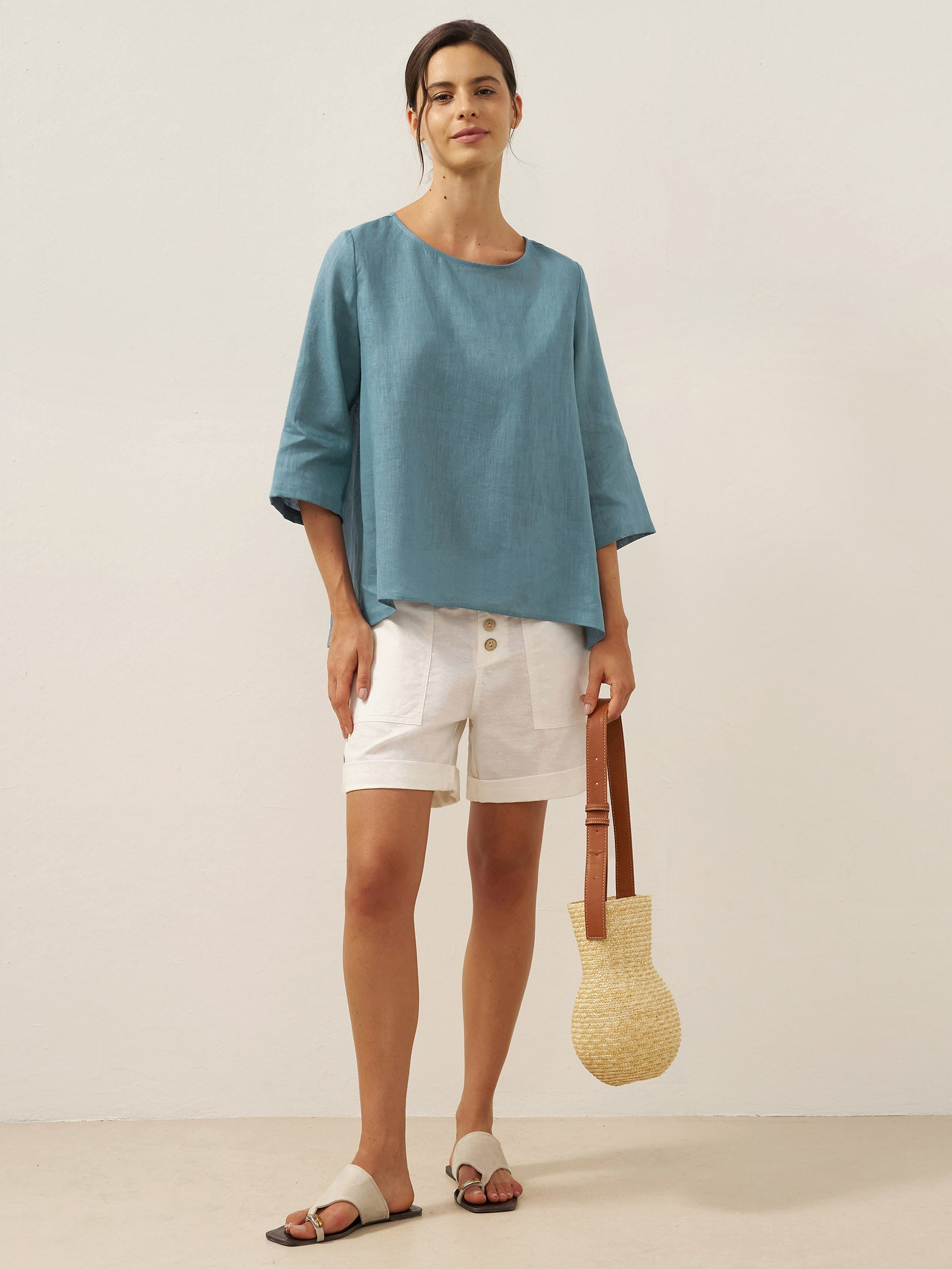 100% Linen Round Neck Asymmetrical Hem Top BRIANNA