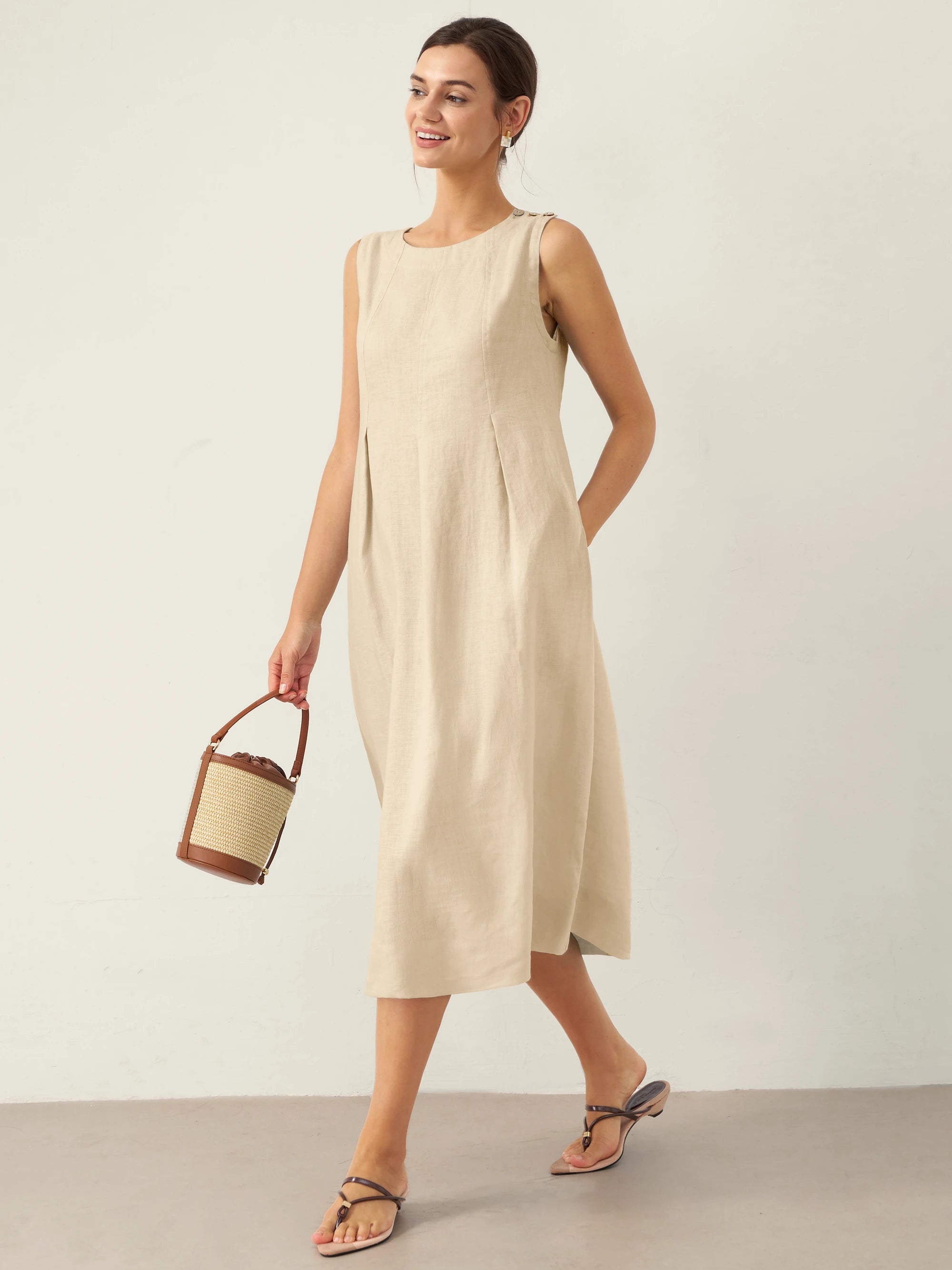 100% Linen Sleeveless Shoulder Button Midi Dress FREYA