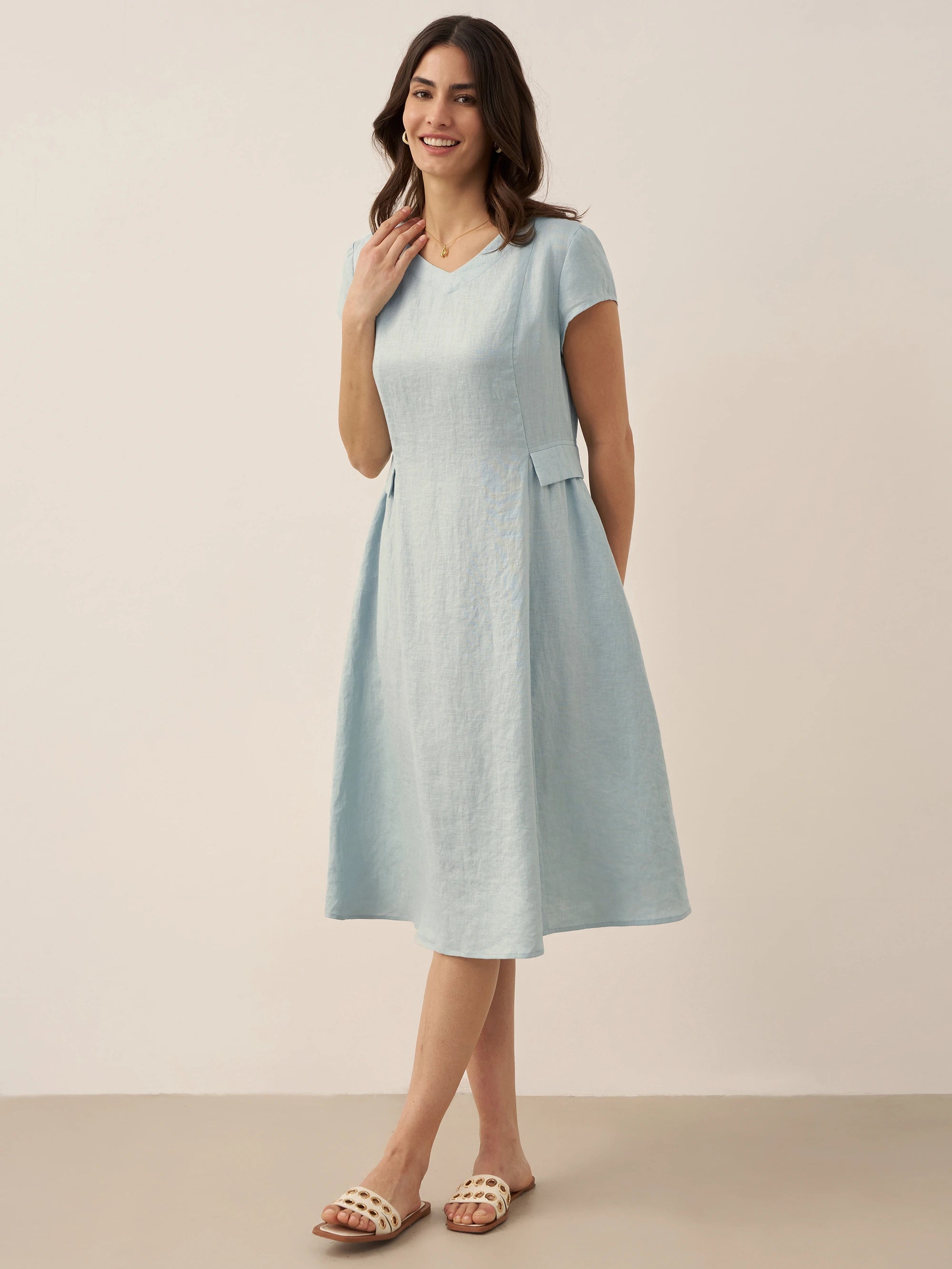 100% Linen Natural Summer V-Neck Dress ALEXA