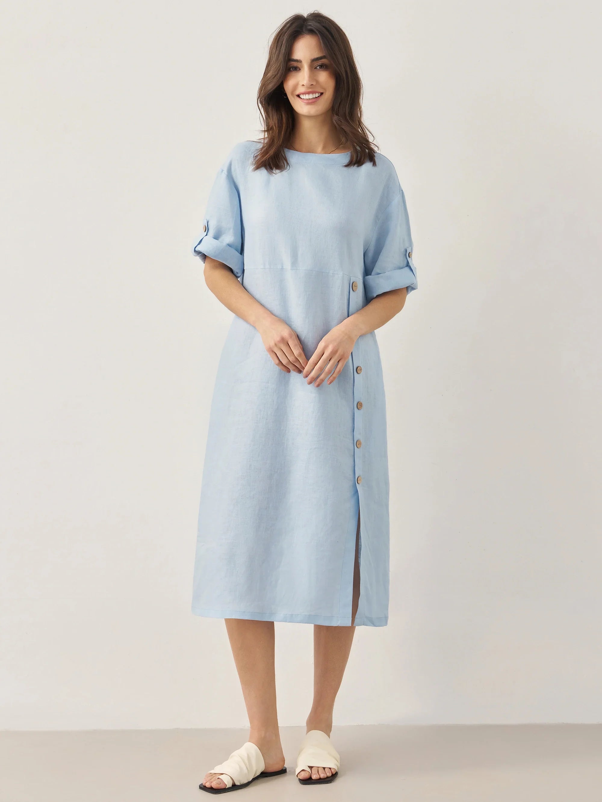 100% Linen Round Neck Button Detail Midi Dress JELENA