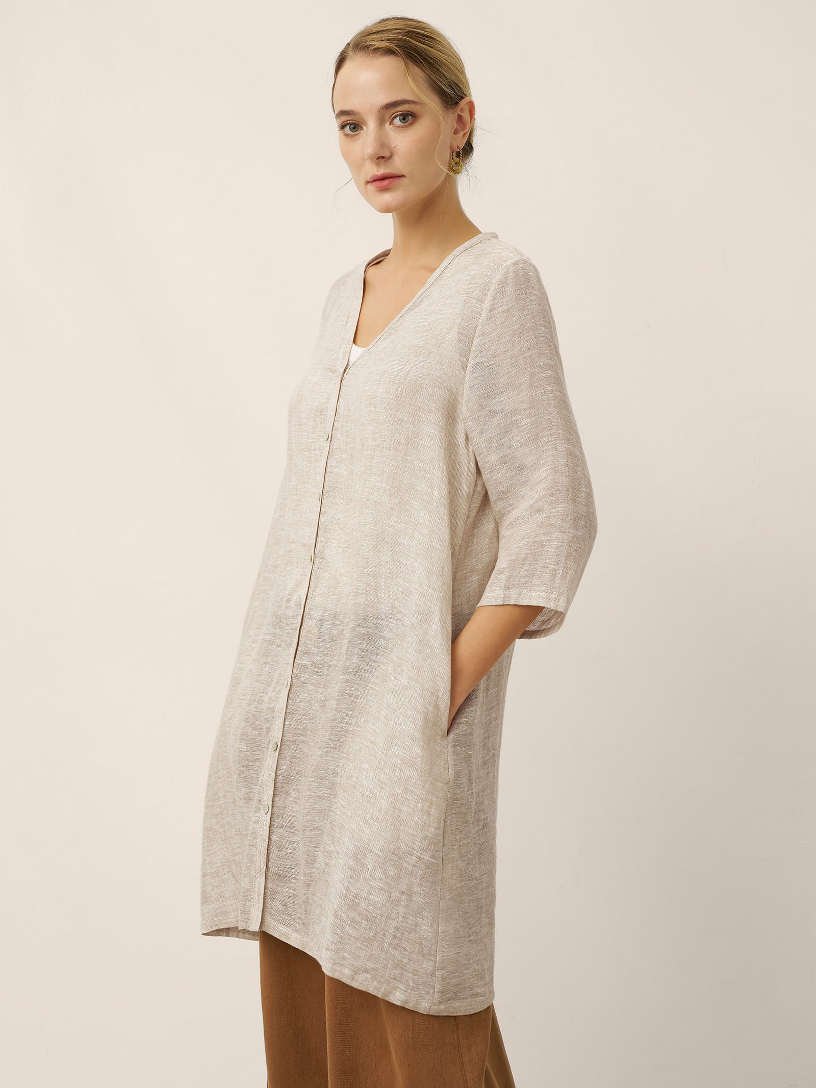 100% Linen Button Front Three-Quarter Sleeve Top PEYTON