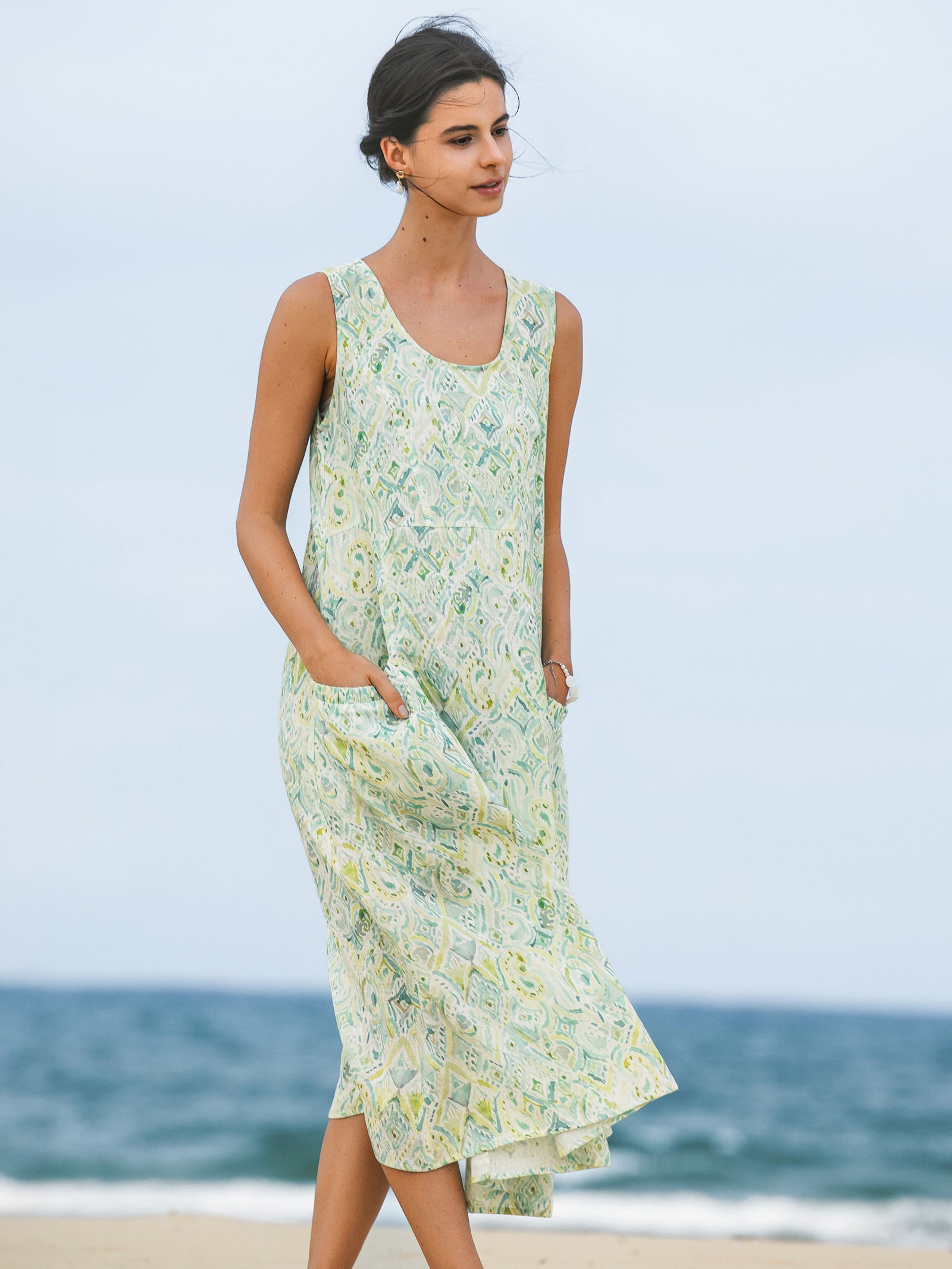 100% Linen Floral Swing Beach Tank Dress LORRAINE