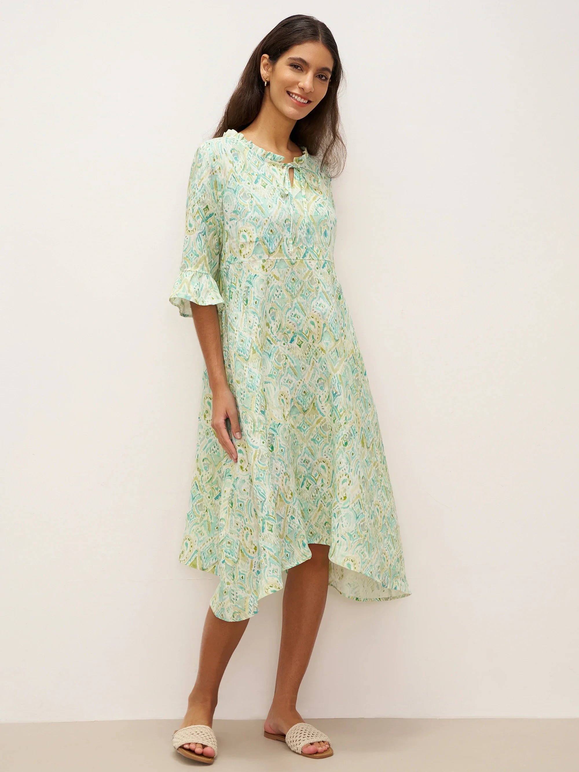 100% Linen A-Line Ruffled Collar Tie-Neck Midi Dress LIVIA