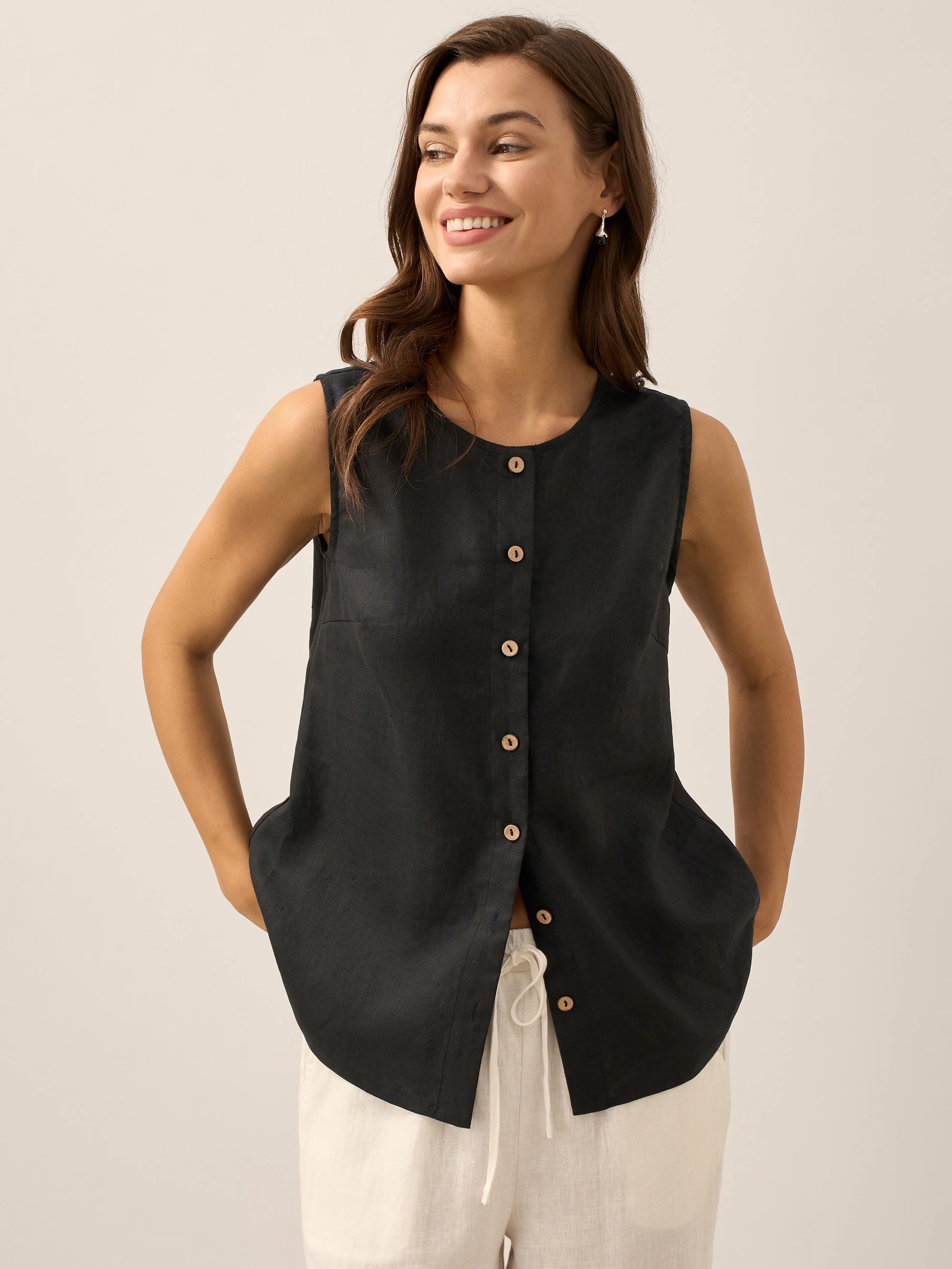 100% Linen Buttons Down Tank Top ERIN