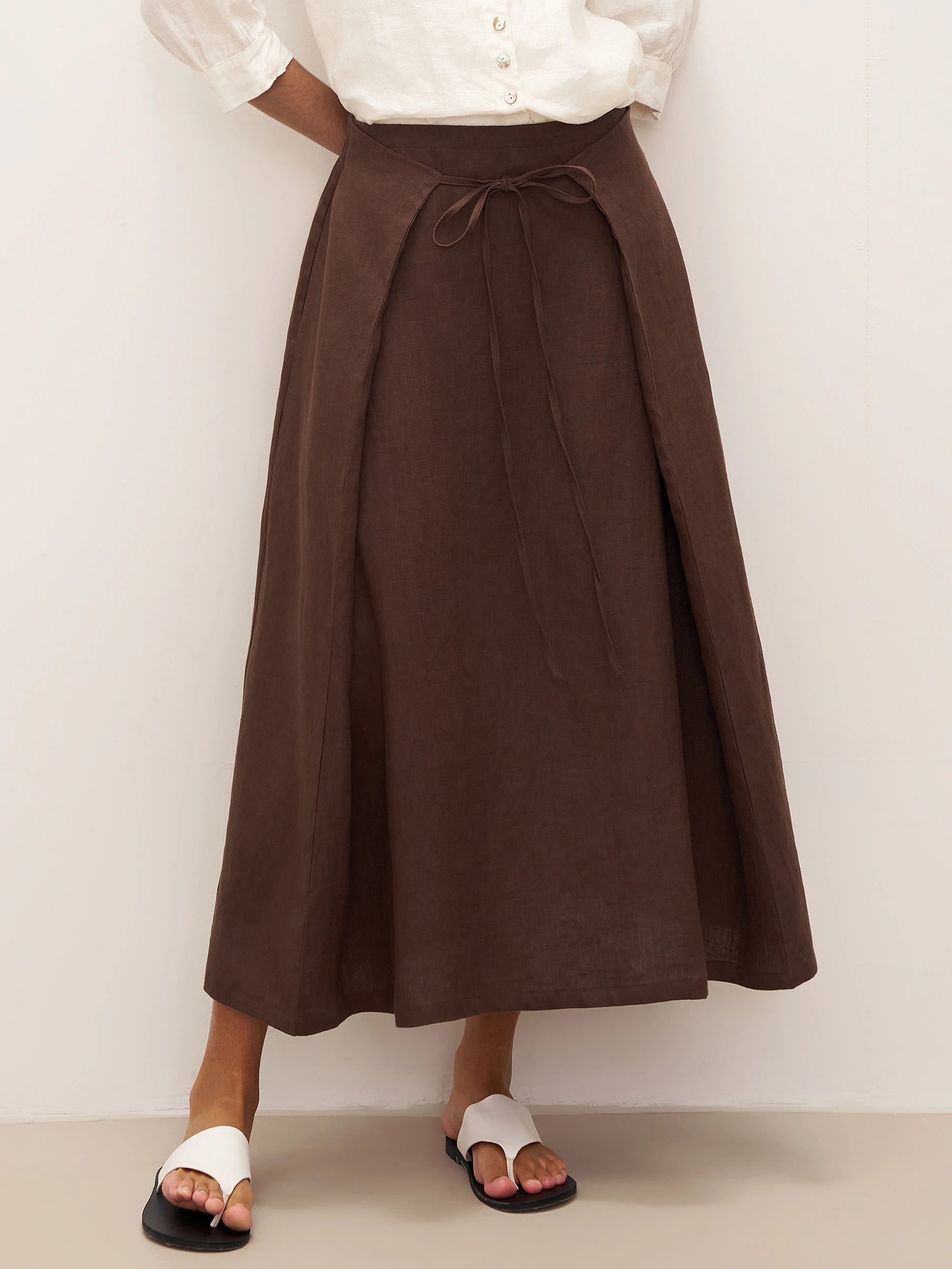 100% Linen Tie-Waist Wrapped A-Line Skirt EMILIE—Two-Way Wear